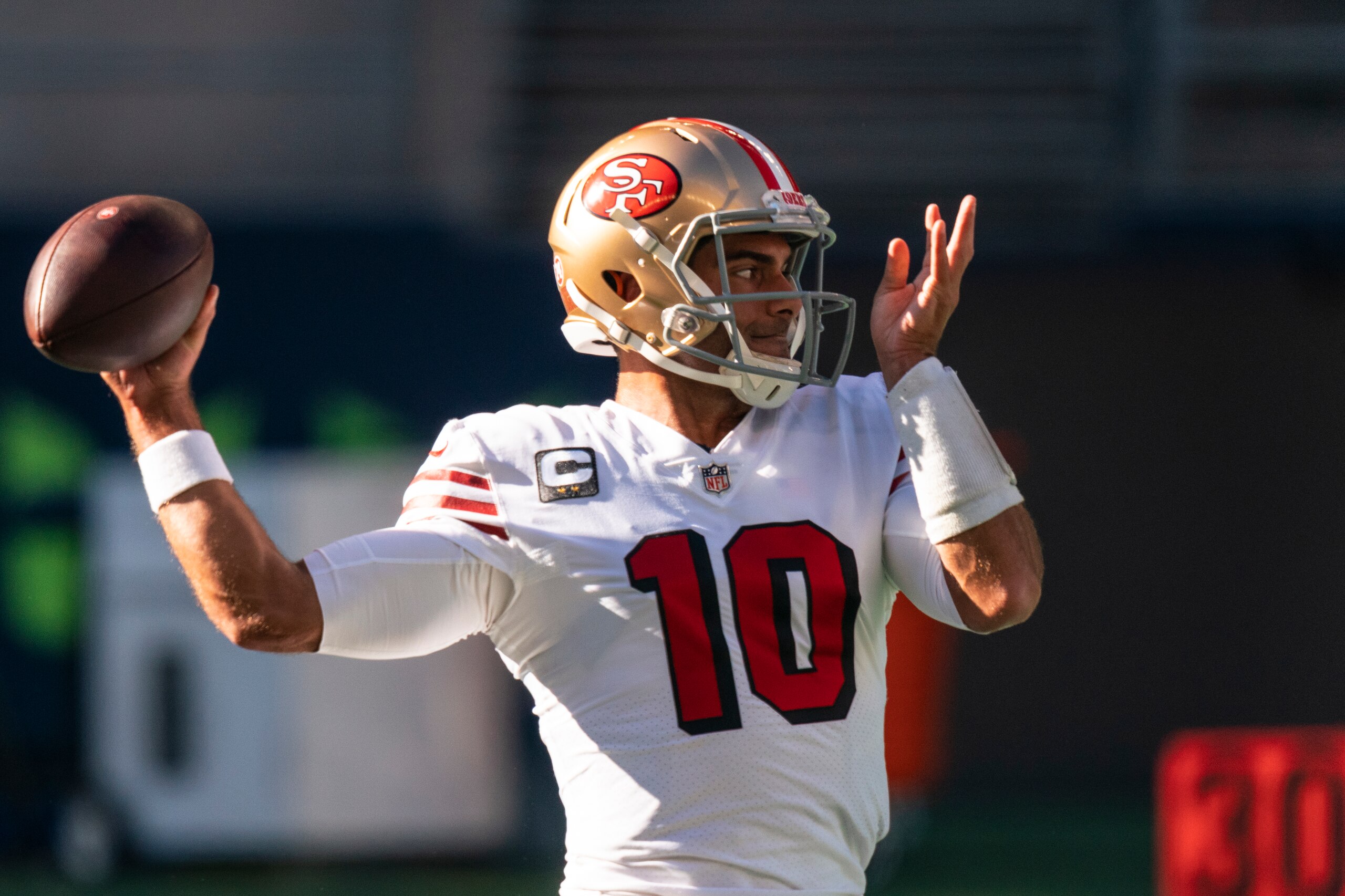 San Francisco 49ers quarterback Jimmy Garoppolo looks to pass during warmups before an NFL football game against the Seattle Seahawks, Sunday, Nov. 1, 2020, in Seattle. The Seahawks won 37-27. (AP Photo/Stephen Brashear)