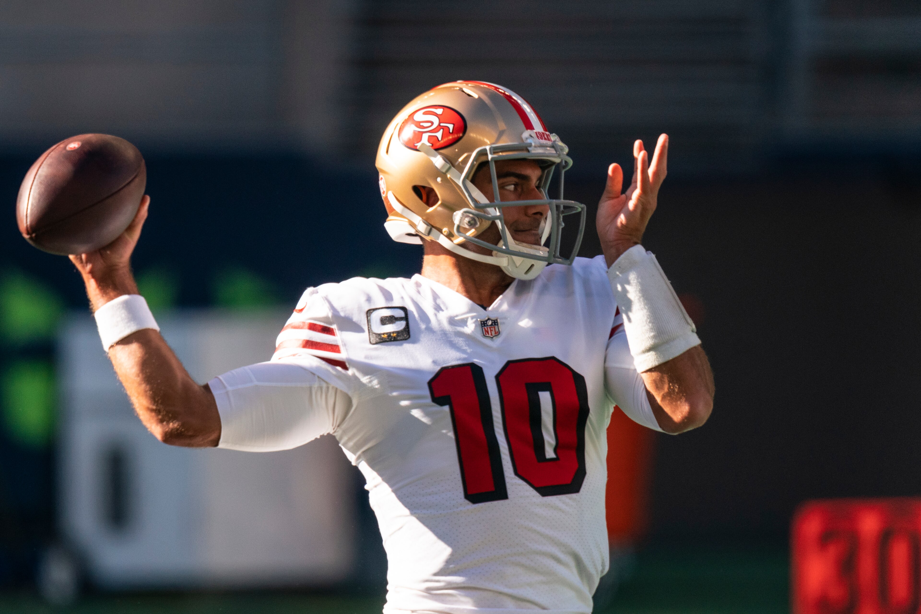 San Francisco 49ers quarterback Jimmy Garoppolo looks to pass during warmups before an NFL football game against the Seattle Seahawks, Sunday, Nov. 1, 2020, in Seattle. The Seahawks won 37-27. (AP Photo/Stephen Brashear) San Francisco 49ers quarterback Jimmy Garoppolo looks to pass during warmups before an NFL football game against the Seattle Seahawks, Sunday, Nov. 1, 2020, in Seattle. The Seahawks won 37-27. (AP Photo/Stephen Brashear)