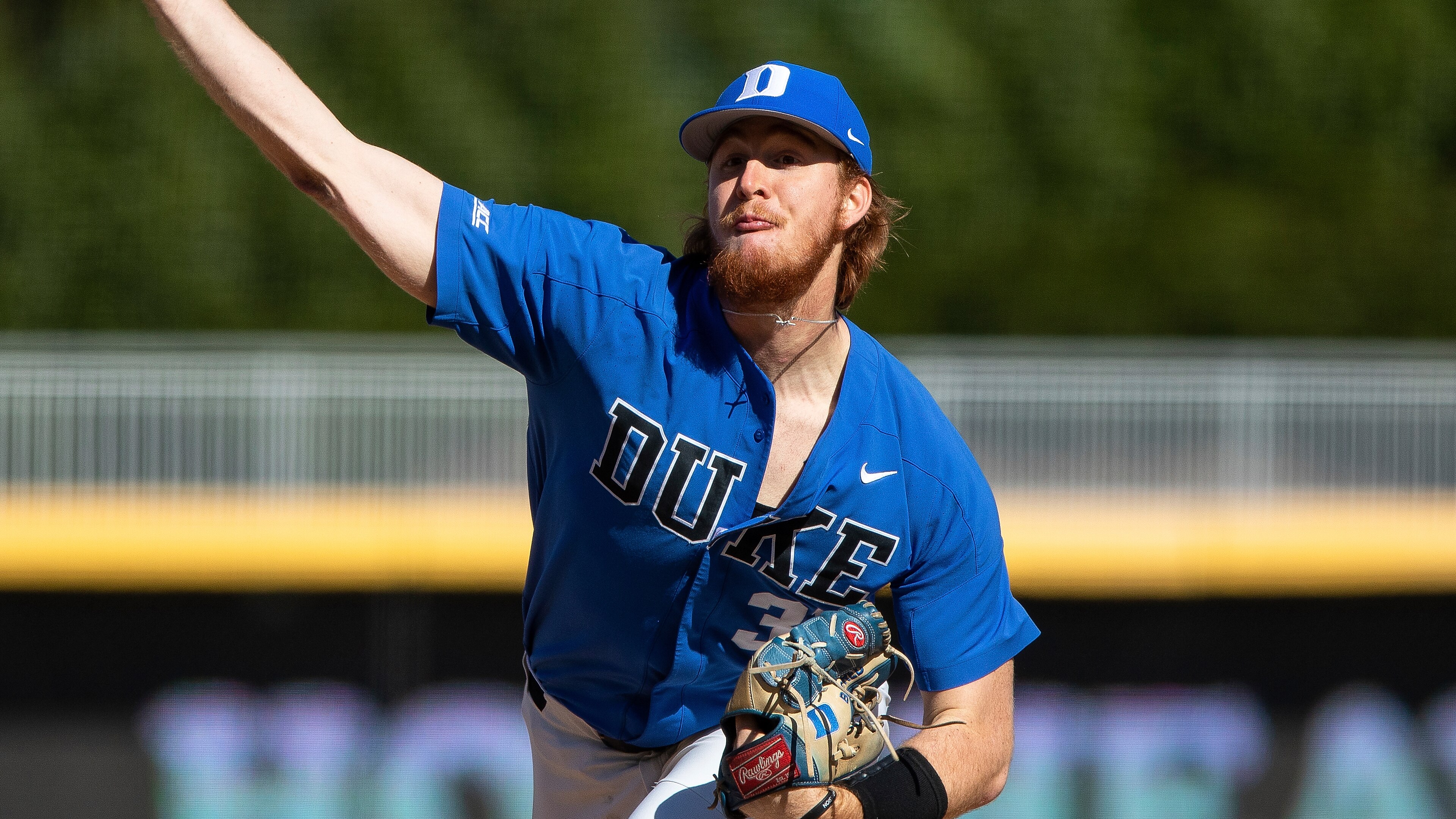 Duke's Cooper Stinson (31) pitches during an NCAA baseball game on Saturday, Feb. 22, 2020, in Durham, N.C. (AP Photo/Ben McKeown)