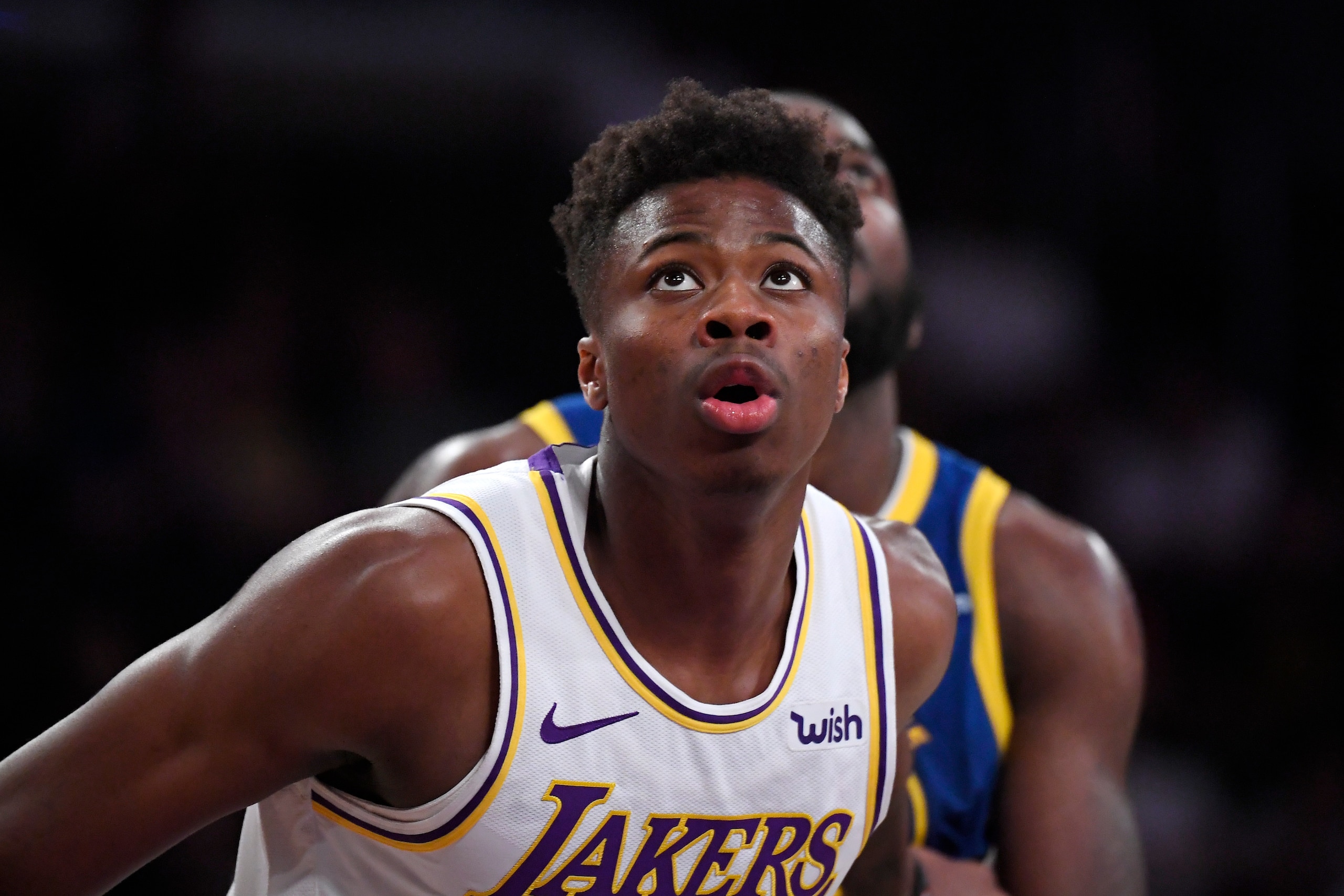 Los Angeles Lakers' Kostas Antetokounmpo waits for a rebound during the second half of a preseason NBA basketball game against the Golden State Warriors Wednesday, Oct. 16, 2019, in Los Angeles. The Lakers won 126-93. (AP Photo/Mark J. Terrill)