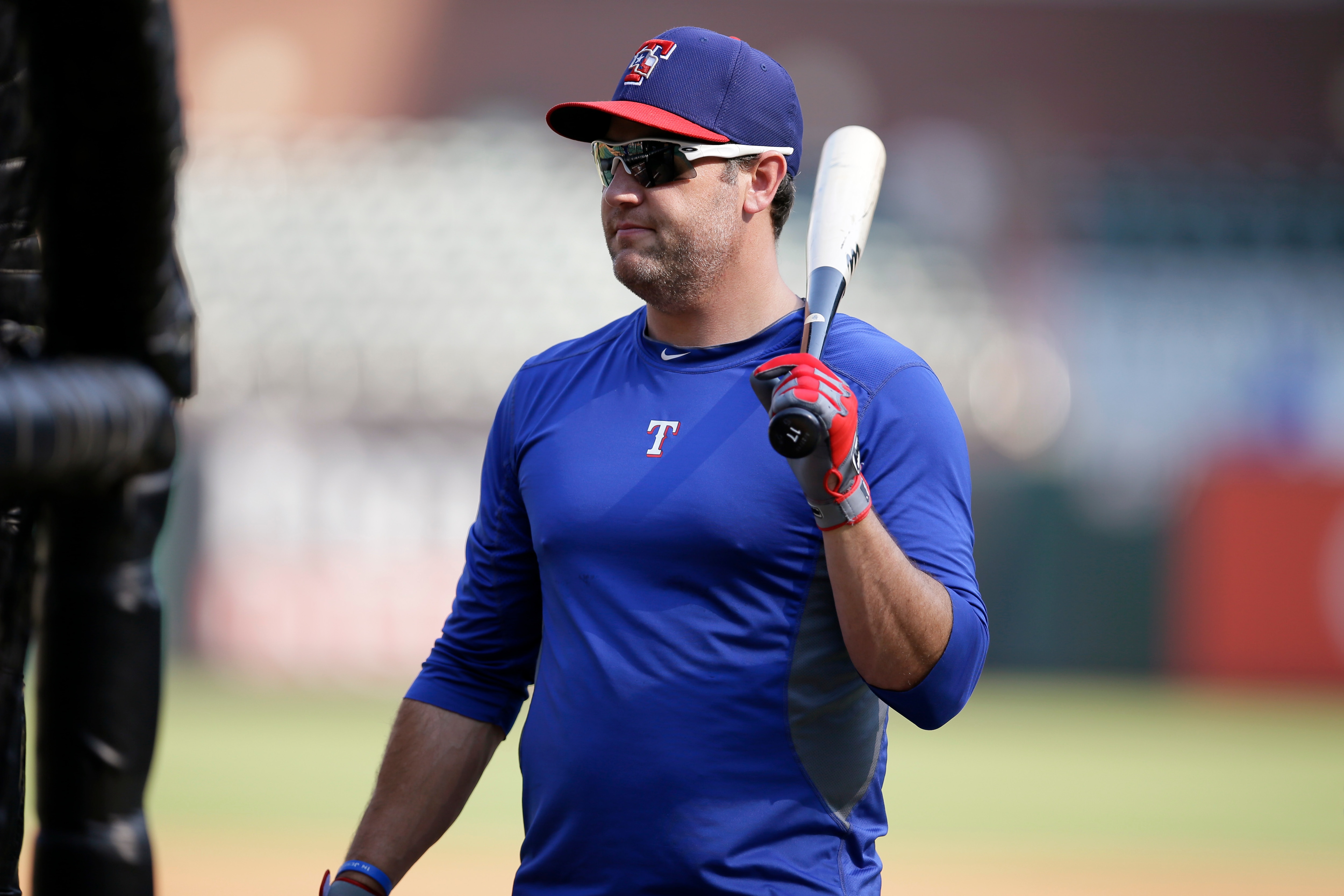 Texas Rangers' Lance Berkman (27) during batting practice before a baseball game against the Houston Astros, Monday, Aug. 19, 2013, in Arlington, Texas. (AP Photo/Tony Gutierrez)