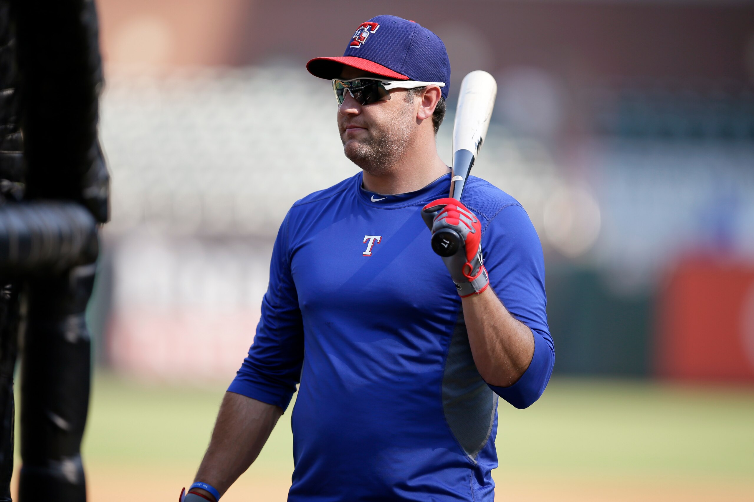 Texas Rangers' Lance Berkman (27) during batting practice before a baseball game against the Houston Astros, Monday, Aug. 19, 2013, in Arlington, Texas. (AP Photo/Tony Gutierrez)