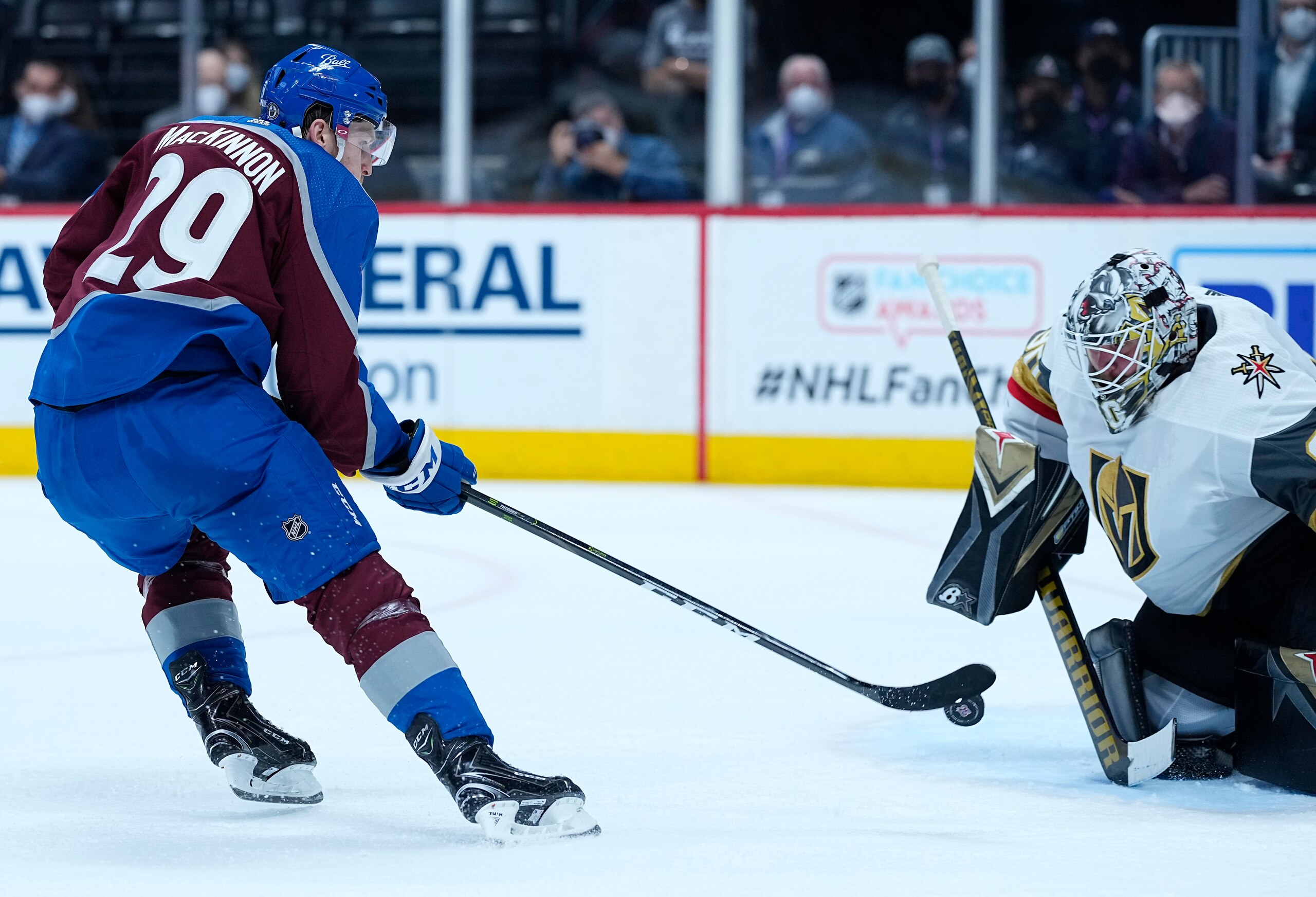 Colorado Avalanche center Nathan MacKinnon (29) scores a goal against Vegas Golden Knights goaltender Robin Lehner (90) in the second period of Game 1 of an NHL hockey Stanley Cup second-round playoff series Sunday, May 30, 2021, in Denver. (AP Photo/Jack Dempsey) Colorado Avalanche center Nathan MacKinnon (29) scores a goal against Vegas Golden Knights goaltender Robin Lehner (90) in the second period of Game 1 of an NHL hockey Stanley Cup second-round playoff series Sunday, May 30, 2021, in Denver. (AP Photo/Jack Dempsey)