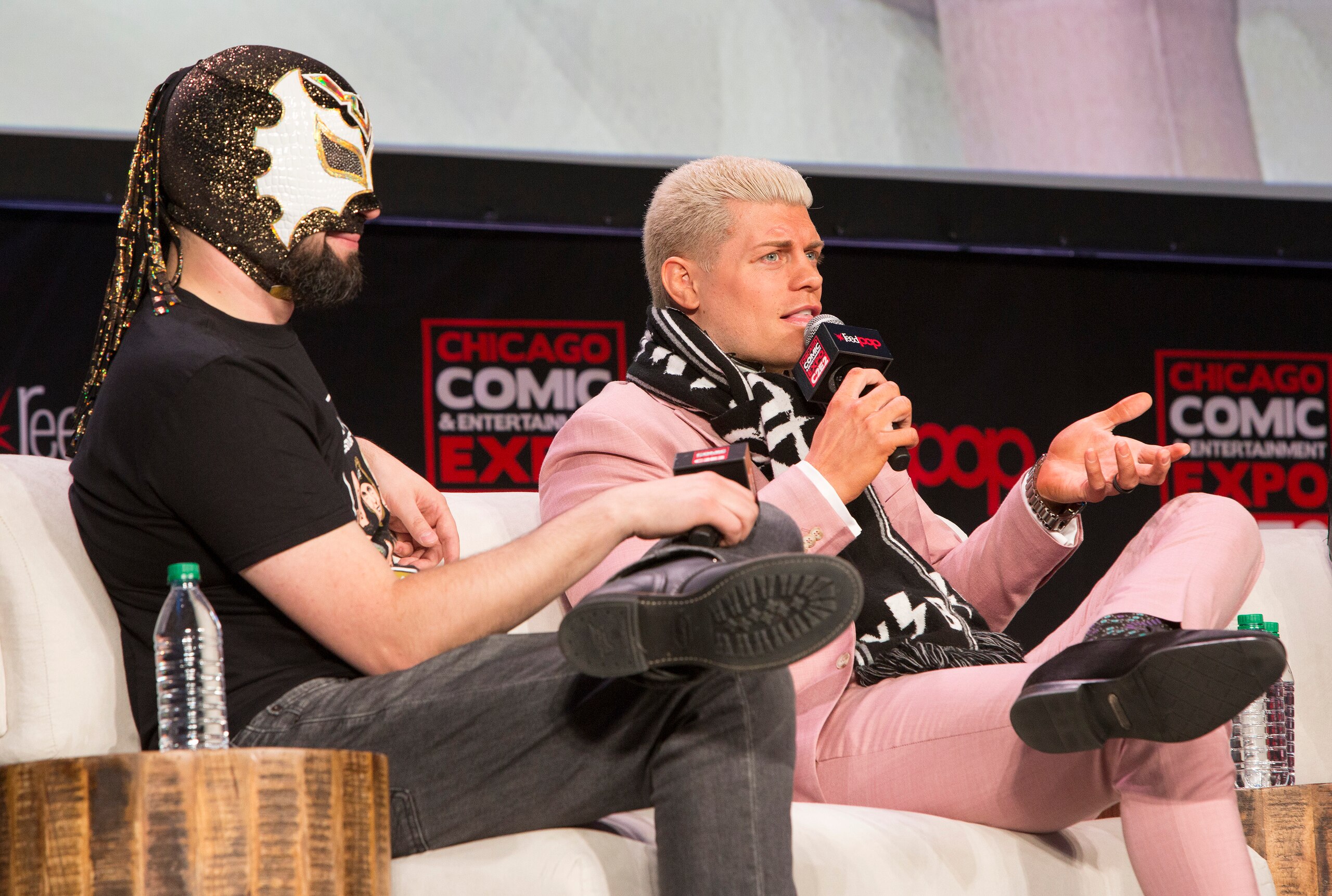 CHICAGO, IL - FEBRUARY 28:  Excalibur aka Marc Letzmann and Cody Rhodes of the AEW Wrestling during C2E2 at McCormick Place on February 28, 2020 in Chicago, Illinois.  (Photo by Barry Brecheisen/WireImage)