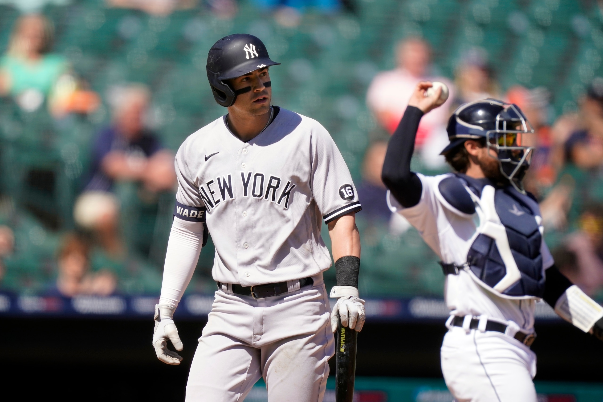 New York Yankees' Tyler Wade walks to the dugout after striking out during the ninth inning of a baseball game against the Detroit Tigers, Sunday, May 30, 2021, in Detroit. (AP Photo/Carlos Osorio)