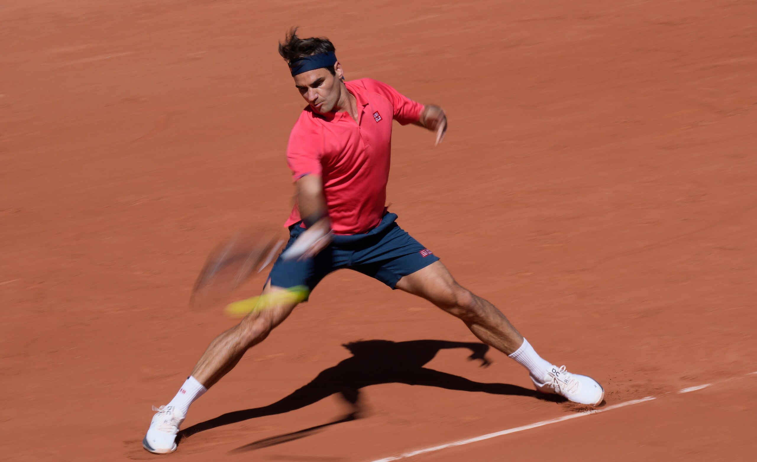 Switzerland's Roger Federer plays a return to Uzbekistan's Denis Istomin during their first round match on day two of the French Open tennis tournament at Roland Garros in Paris, France, Monday, May 31, 2021. (AP Photo/Thibault Camus) Switzerland's Roger Federer plays a return to Uzbekistan's Denis Istomin during their first round match on day two of the French Open tennis tournament at Roland Garros in Paris, France, Monday, May 31, 2021. (AP Photo/Thibault Camus)