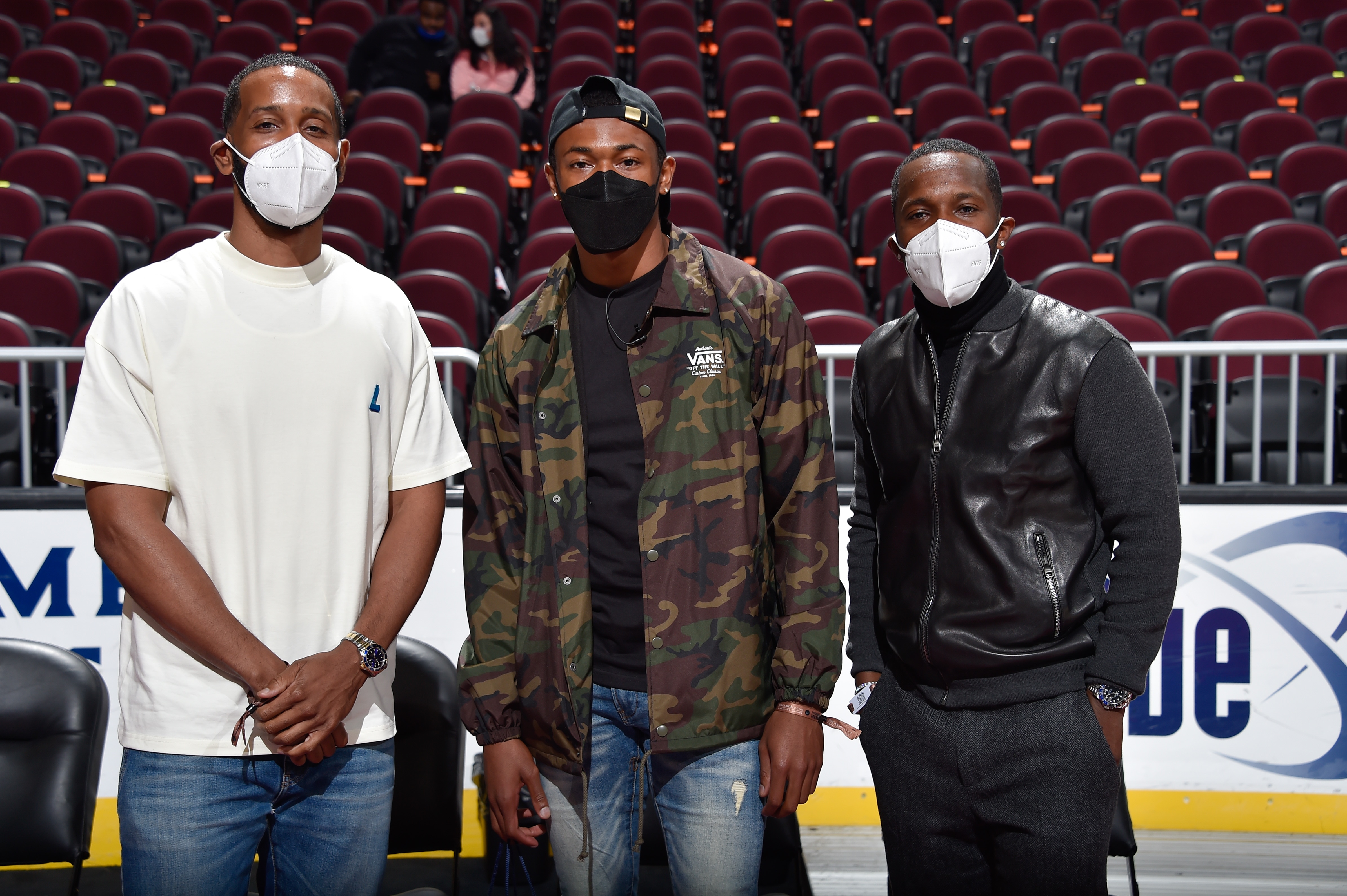 CLEVELAND, OH - APRIL 28: Maverick Carter, NFL Draft Prospect, Devonta Smith and Rich Paul pose after the game between the Orlando Magic and Cleveland Cavaliers on April 28, 2021 at Rocket Mortgage FieldHouse in Cleveland, Ohio. NOTE TO USER: User expressly acknowledges and agrees that, by downloading and/or using this Photograph, user is consenting to the terms and conditions of the Getty Images License Agreement. Mandatory Copyright Notice: Copyright 2021 NBAE (Photo by David Liam Kyle/NBAE via Getty Images)