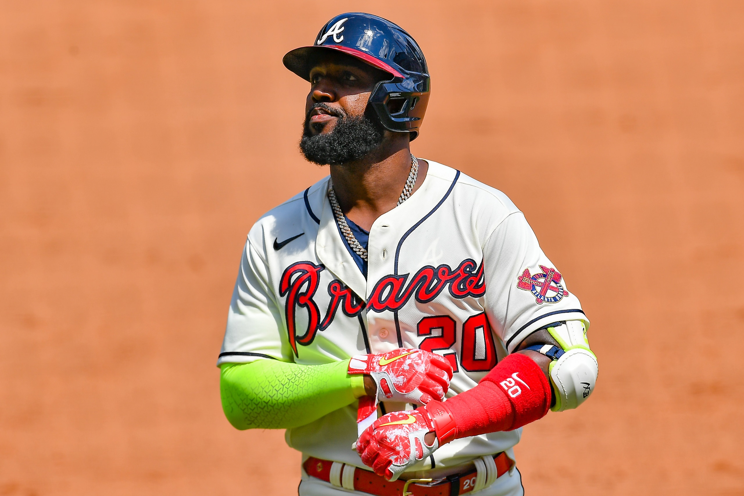 ATLANTA, GA  MAY 23:  Atlanta left fielder Marcell Ozuna (20) reacts after lining out during the MLB game between the Pittsburgh Pirates and the Atlanta Braves on May 23rd, 2021 at Truist Park in Atlanta, GA. (Photo by Rich von Biberstein/Icon Sportswire via Getty Images)