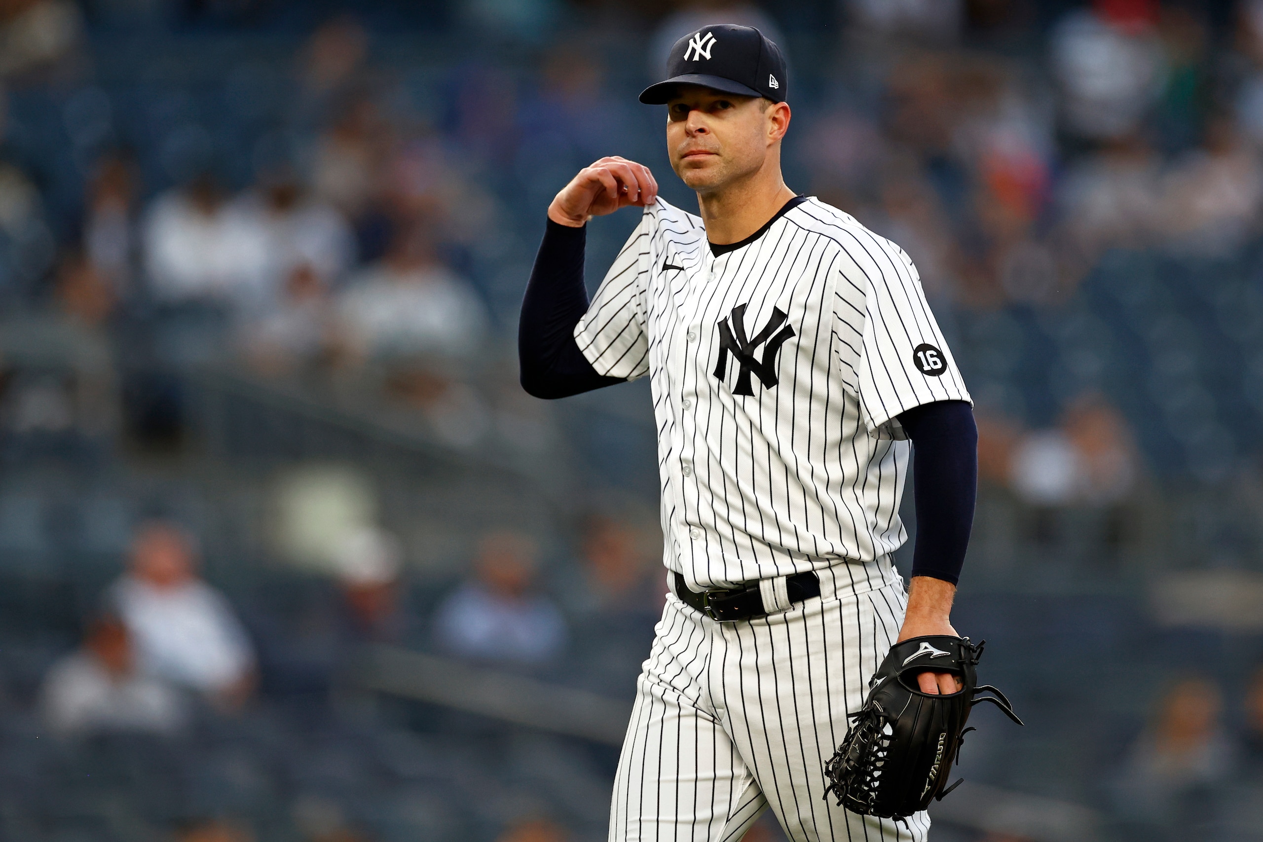 NEW YORK, NY - MAY 25: Corey Kluber #28 of the New York Yankees walks to the dugout against the Toronto Blue Jays during the second inning at Yankee Stadium on May 25, 2021 in the Bronx borough of New York City. (Photo by Adam Hunger/Getty Images)
