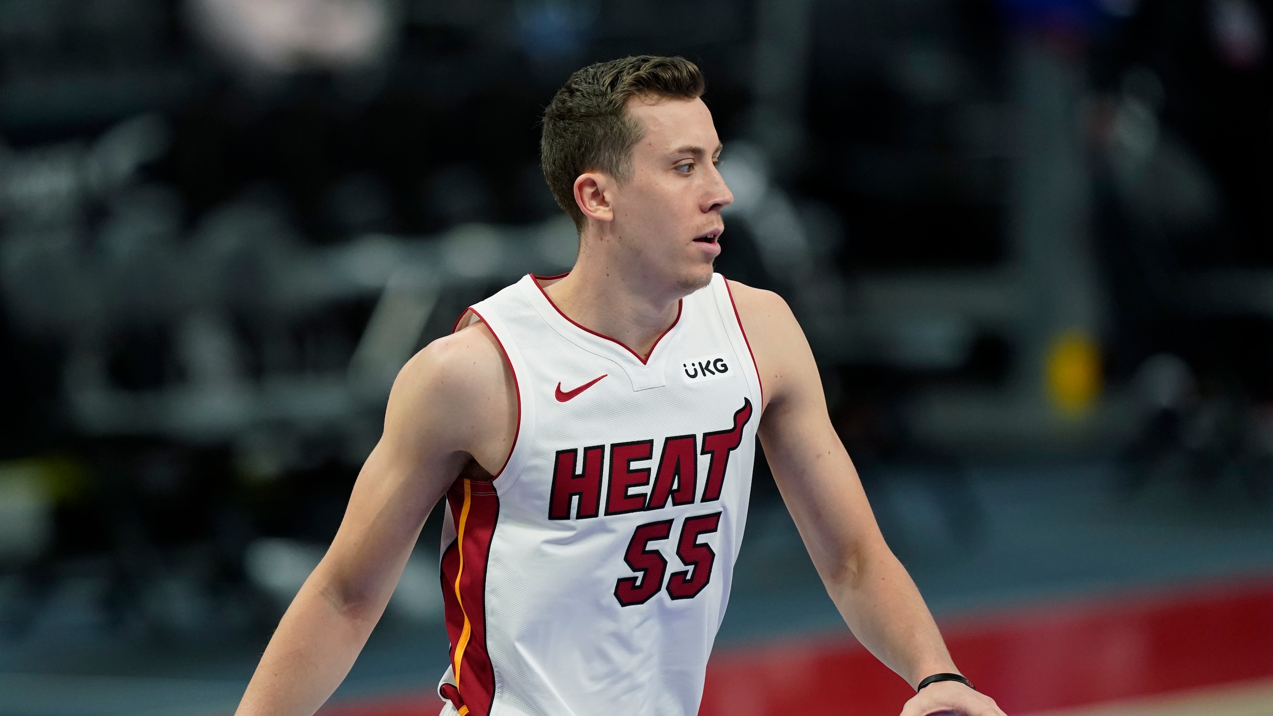 Miami Heat guard Duncan Robinson plays during the second half of an NBA basketball game, Sunday, May 16, 2021, in Detroit. (AP Photo/Carlos Osorio)