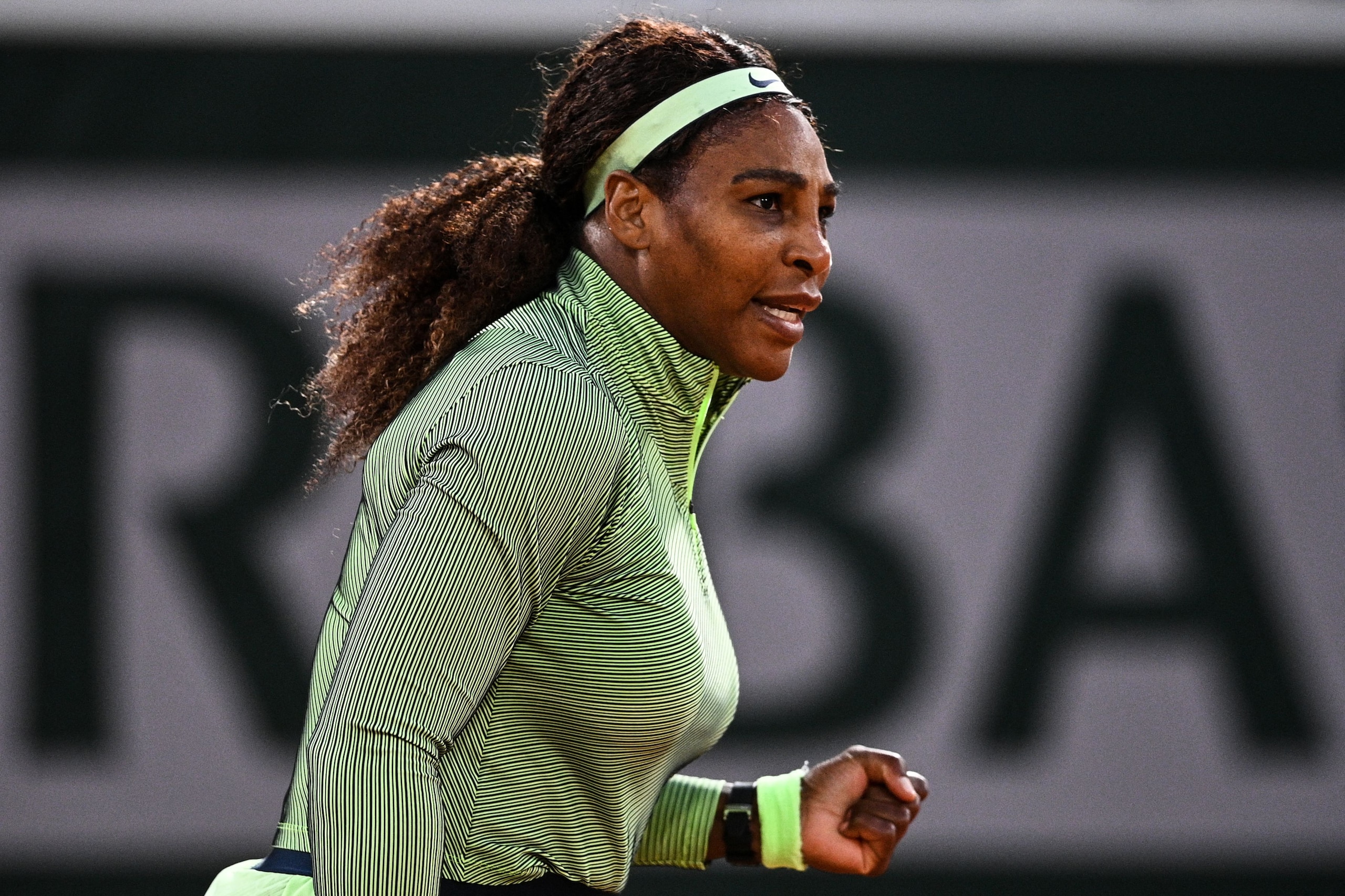Serena Williams of the US reacts during the women's singles first round tennis match against Romania's Irina Begu at the court Philippe Chatrier on Day 2 of The Roland Garros 2021 French Open tennis tournament in Paris on May 31, 2021. (Photo by Anne-Christine POUJOULAT / AFP) (Photo by ANNE-CHRISTINE POUJOULAT/AFP via Getty Images)