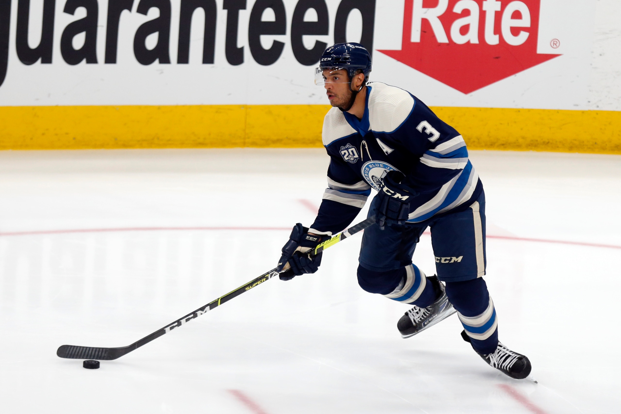 Columbus Blue Jackets defenseman Seth Jones controls the puck during an NHL hockey game against the Detroit Red Wings in Columbus, Ohio, Friday, May 7, 2021. The Red Wings won 5-2. (AP Photo/Paul Vernon)