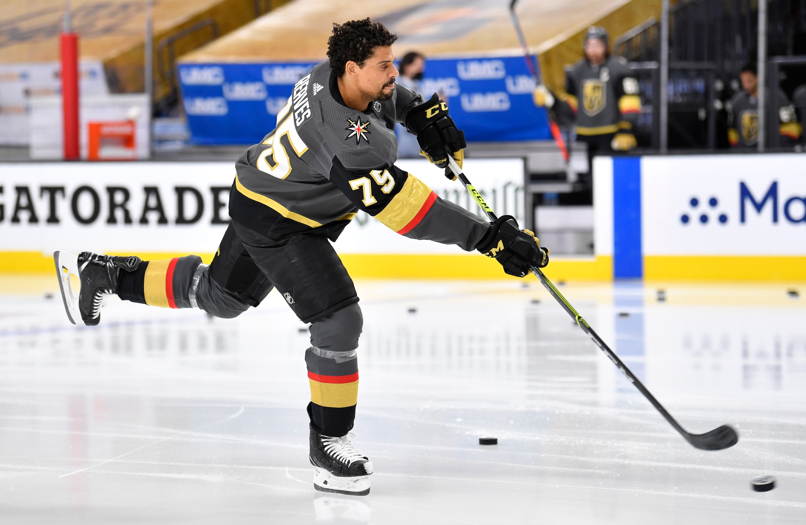 LAS VEGAS, NEVADA - MAY 28: Ryan Reaves #75 of the Vegas Golden Knights warms up prior to Game Seven of the First Round of the 2021 Stanley Cup Playoffs against the Minnesota Wild at T-Mobile Arena on May 28, 2021 in Las Vegas, Nevada. (Photo by Jeff Bottari/NHLI via Getty Images)