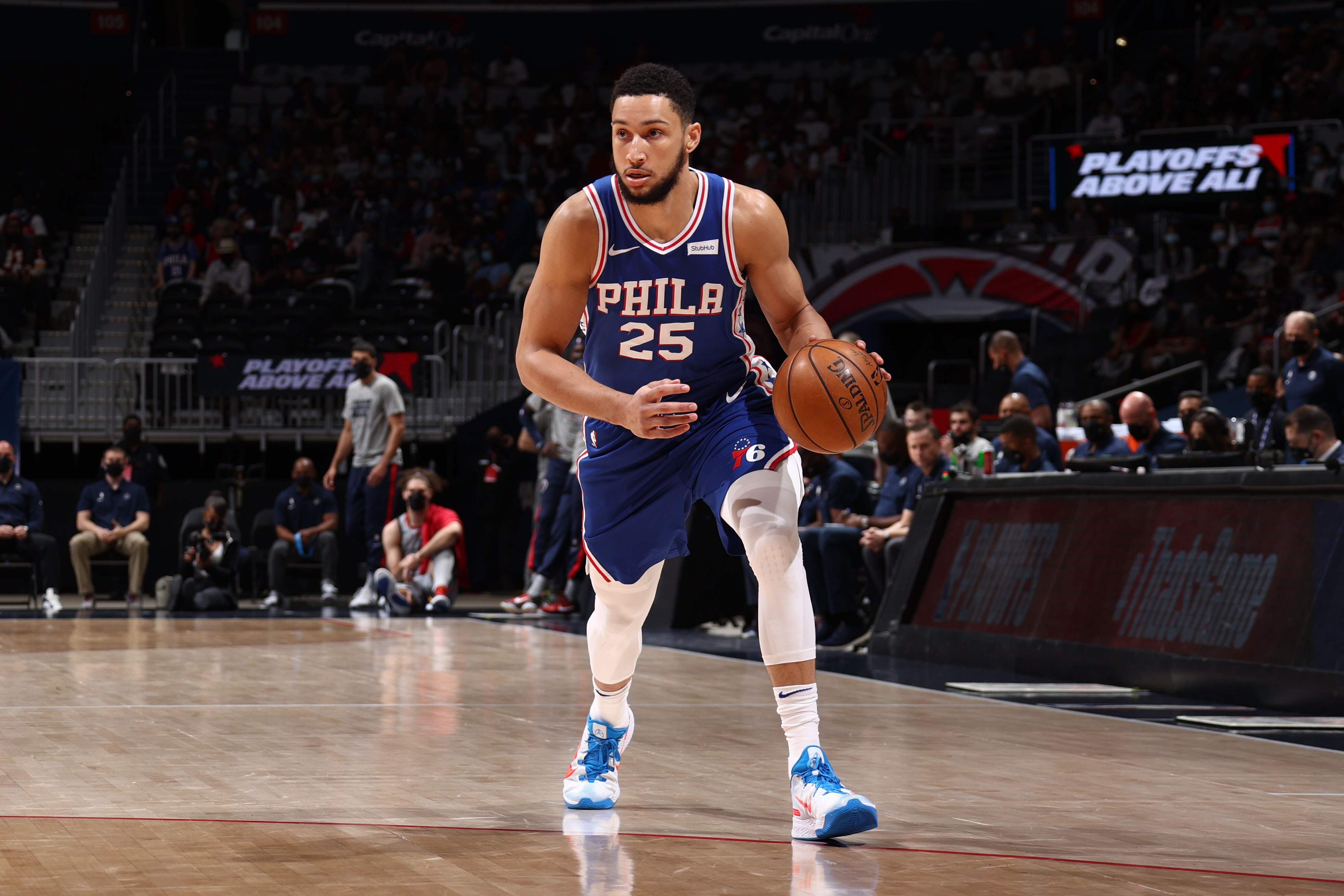 WASHINGTON, DC -  MAY 31: Ben Simmons #25 of the Philadelphia 76ers dribbles the ball during the game against the Washington Wizards during Round 1, Game 4 of the 2021 NBA Playoffs on May 31, 2021 at Capital One Arena in Washington, DC. NOTE TO USER: User expressly acknowledges and agrees that, by downloading and or using this Photograph, user is consenting to the terms and conditions of the Getty Images License Agreement. Mandatory Copyright Notice: Copyright 2021 NBAE (Photo by Stephen Gosling/NBAE via Getty Images)