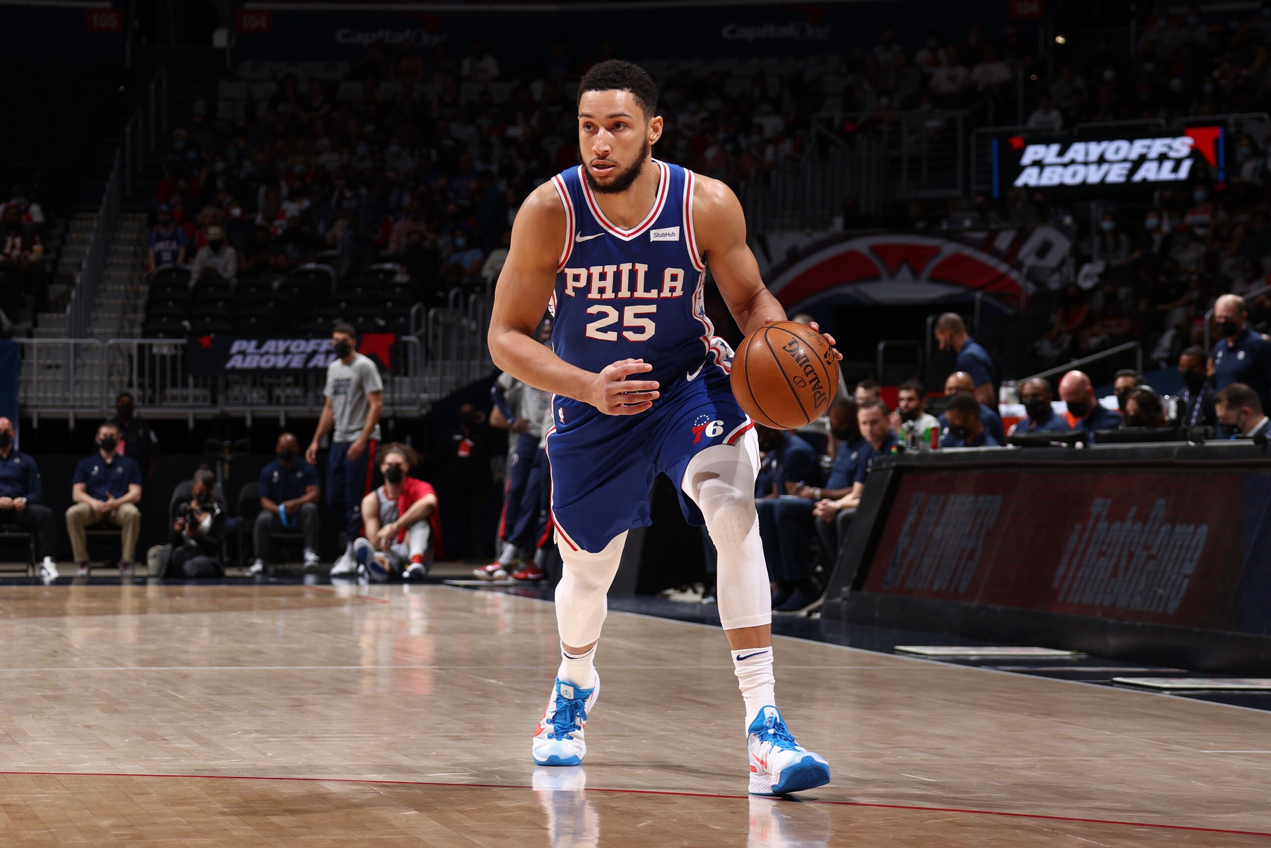 WASHINGTON, DC -  MAY 31: Ben Simmons #25 of the Philadelphia 76ers dribbles the ball during the game against the Washington Wizards during Round 1, Game 4 of the 2021 NBA Playoffs on May 31, 2021 at Capital One Arena in Washington, DC. NOTE TO USER: User expressly acknowledges and agrees that, by downloading and or using this Photograph, user is consenting to the terms and conditions of the Getty Images License Agreement. Mandatory Copyright Notice: Copyright 2021 NBAE (Photo by Stephen Gosling/NBAE via Getty Images)
