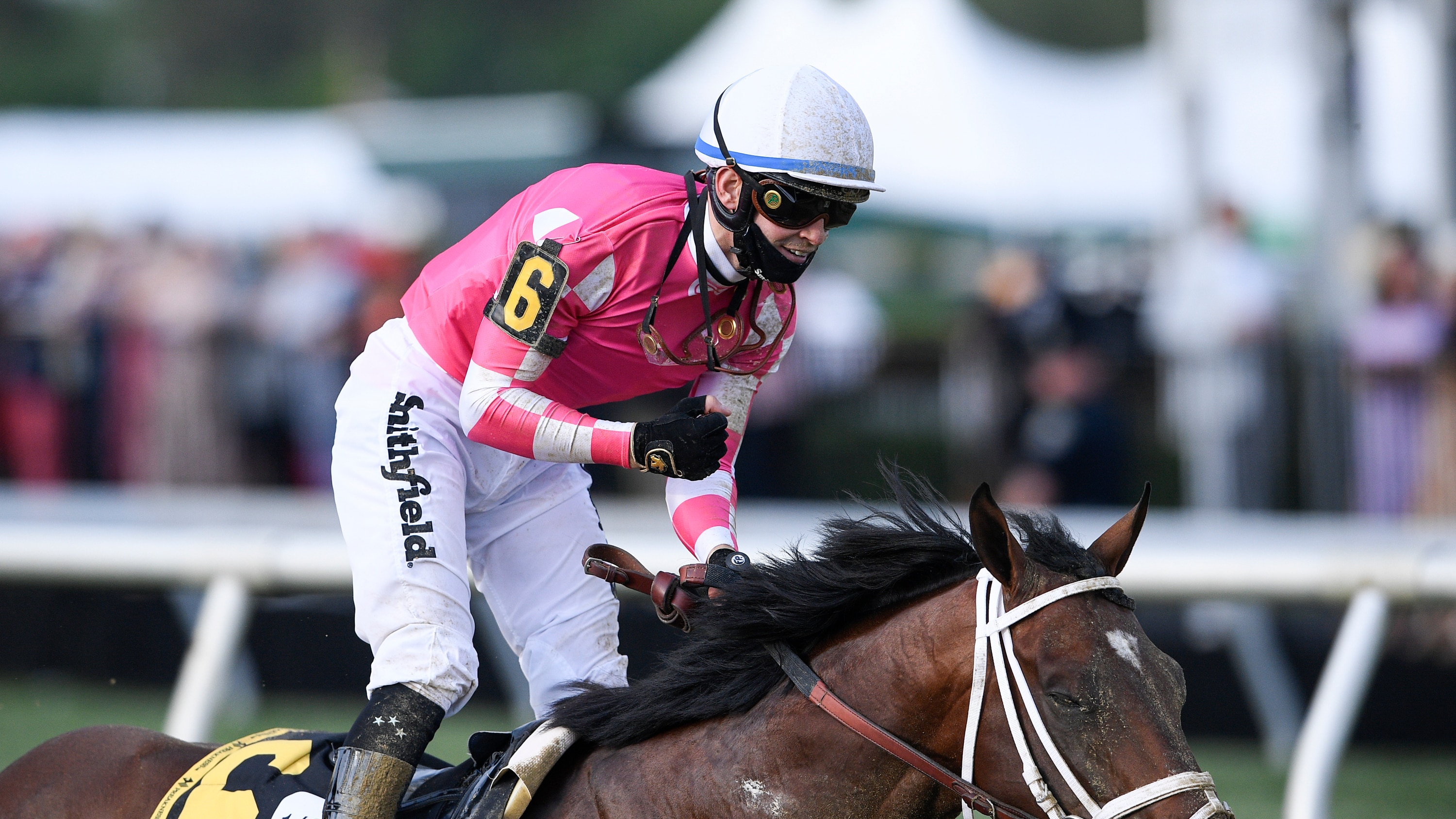 Flavien Prat atop Rombauer reacts after winning the Preakness Stakes horse race at Pimlico Race Course, Saturday, May 15, 2021, in Baltimore. (AP Photo/Nick Wass)