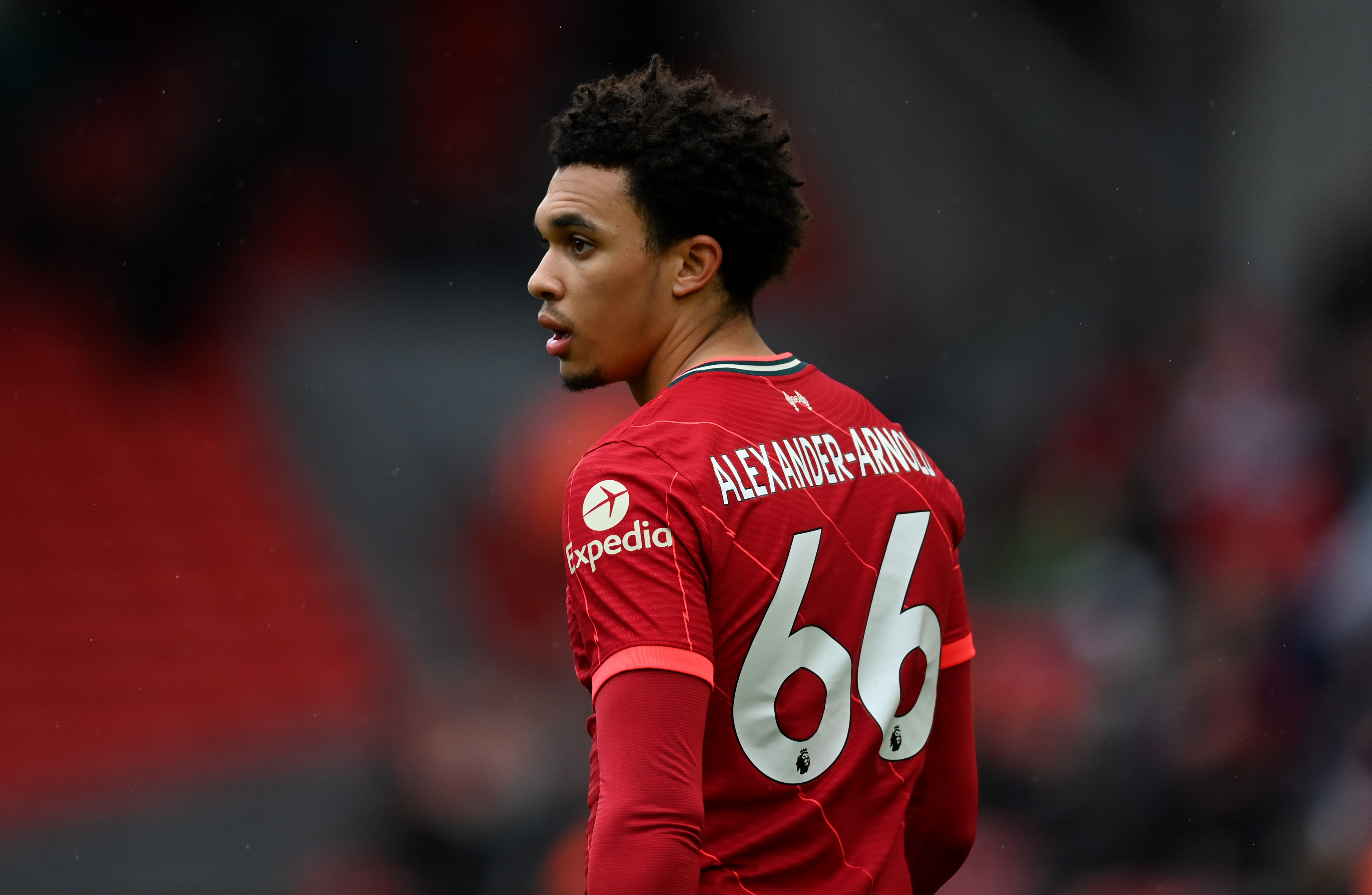 LIVERPOOL, ENGLAND - MAY 23: Trent Alexander-Arnold of Liverpool during the Premier League match between Liverpool and Crystal Palace at Anfield on May 23, 2021 in Liverpool, England. (Photo by Gareth Copley/Getty Images)