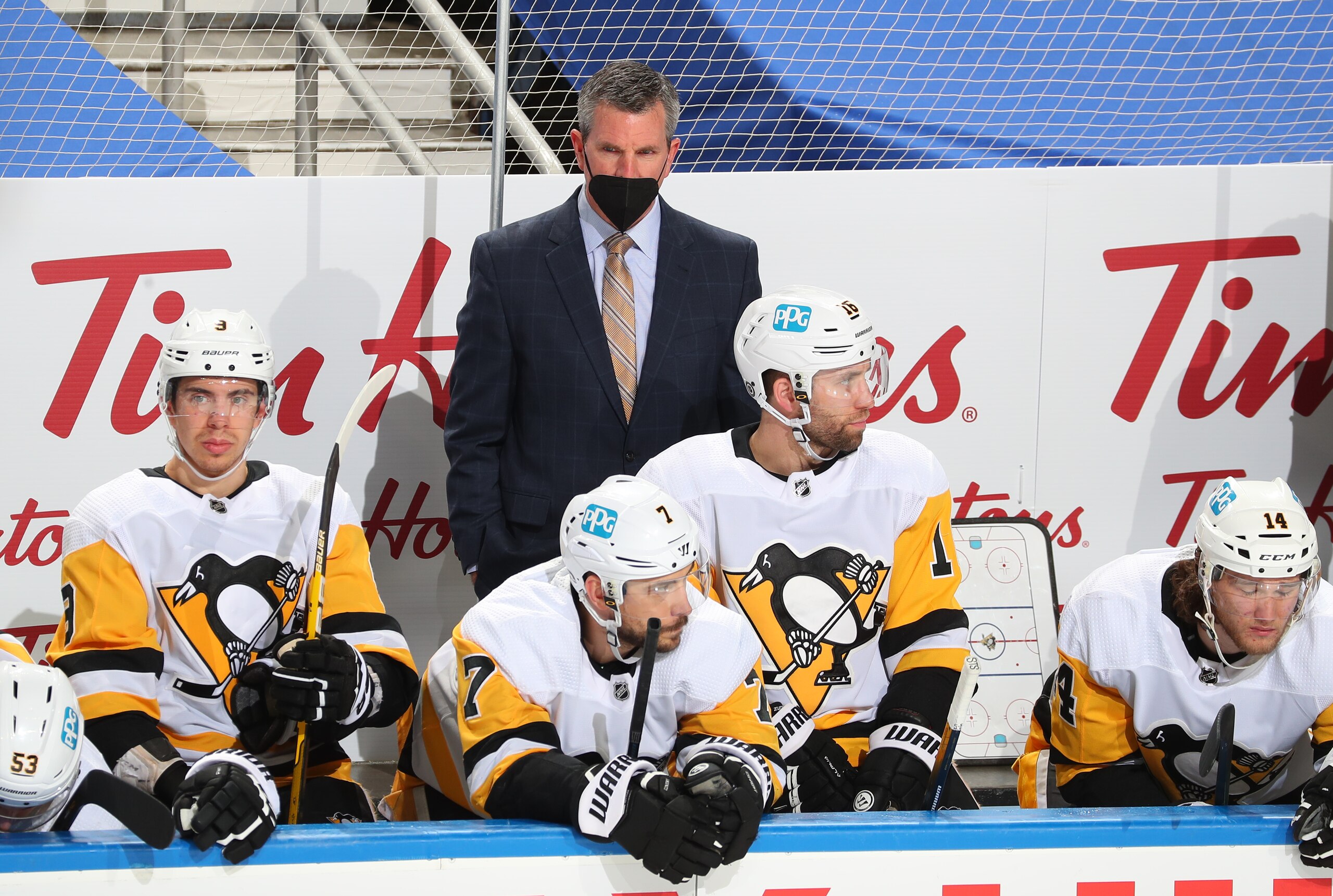 BUFFALO, NY - APRIL 18: Head coach Mike Sullivan of the Pittsburgh Penguins watches the action during an NHL game against the Buffalo Sabres on April 18, 2021 at KeyBank Center in Buffalo, New York. Buffalo won, 4-2. (Photo by Bill Wippert/NHLI via Getty Images)