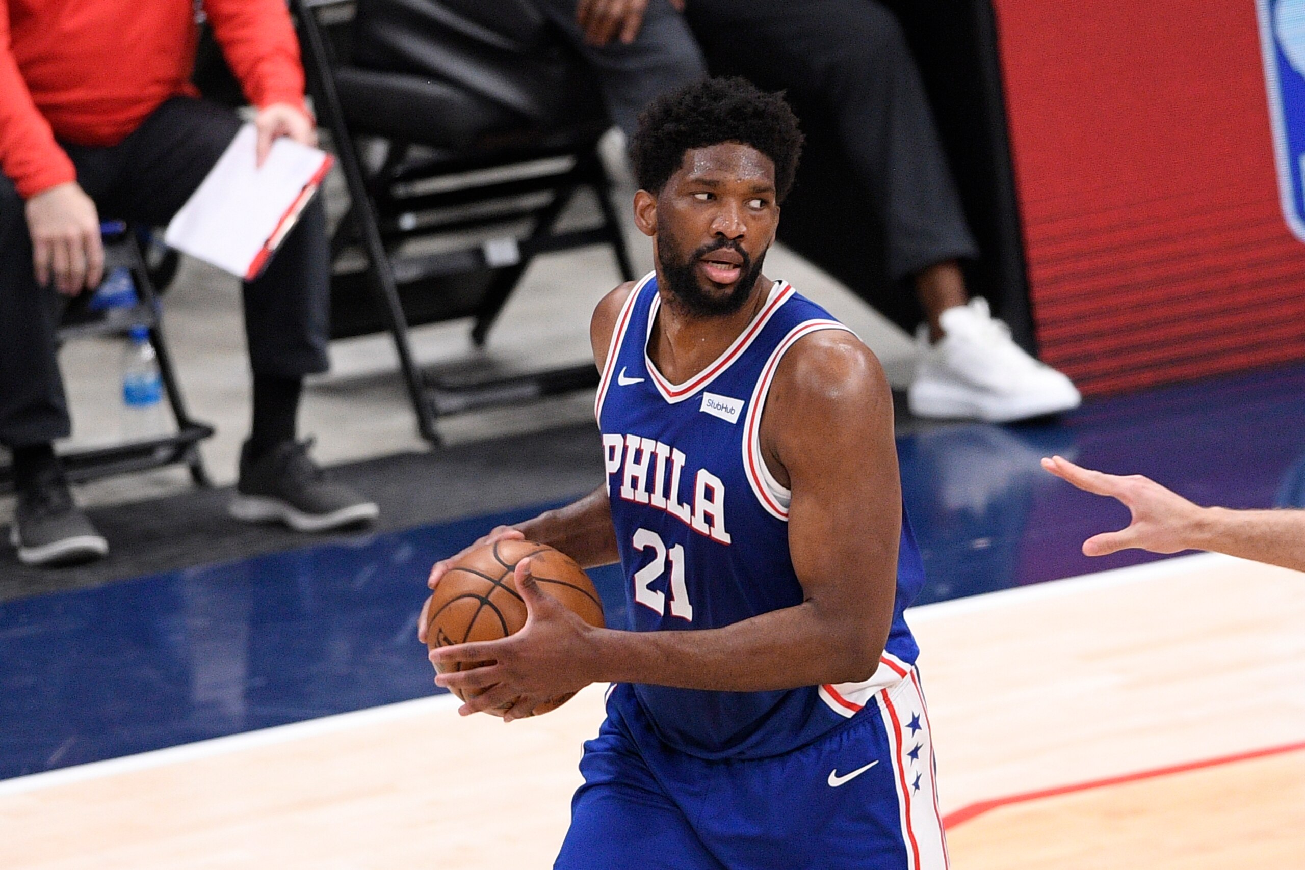 Philadelphia 76ers center Joel Embiid (21) in action during the first half of Game 4 in a first-round NBA basketball playoff series against the Washington Wizards, Monday, May 31, 2021, in Washington. (AP Photo/Nick Wass)