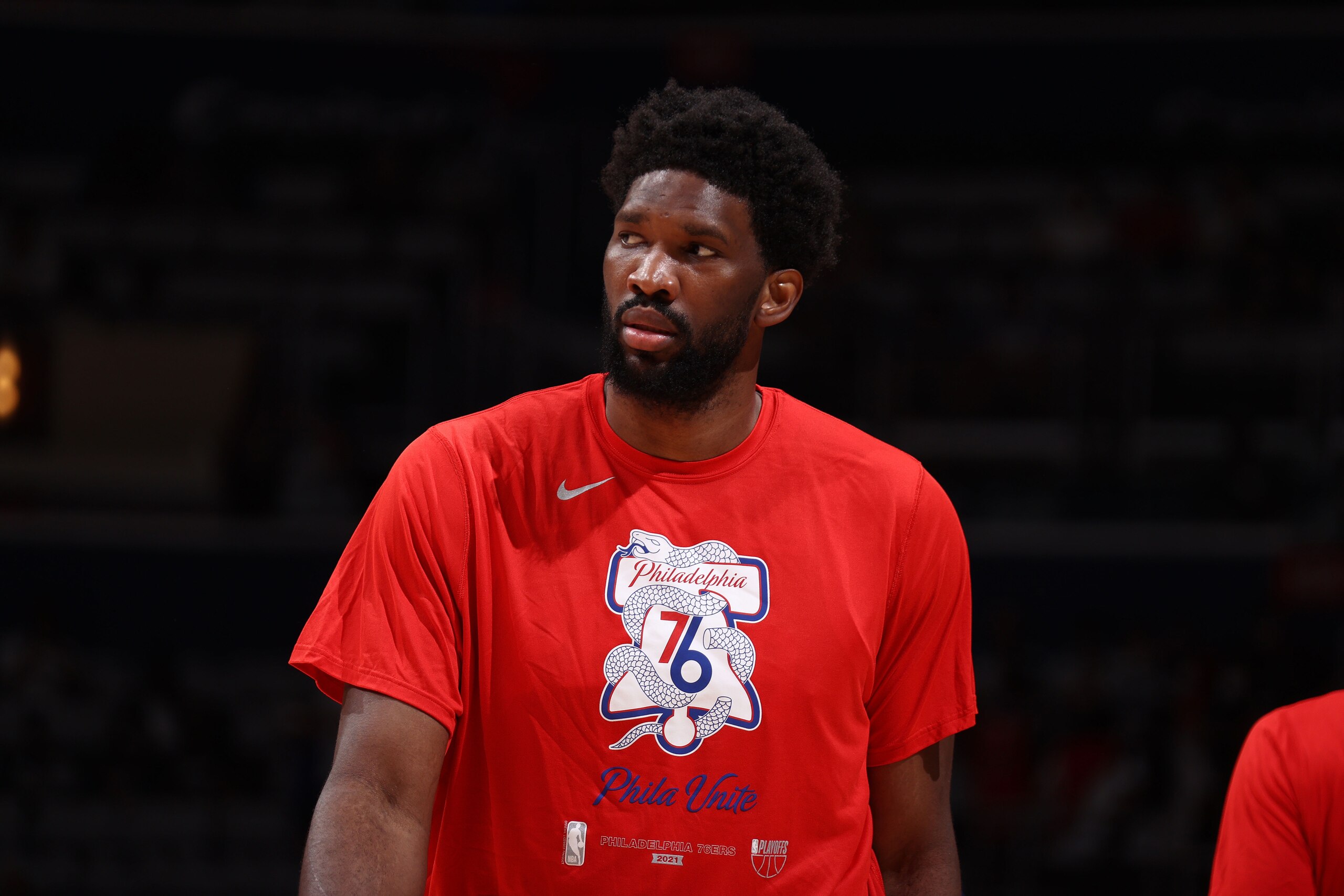 WASHINGTON, DC -  MAY 31: Joel Embiid #21 of the Philadelphia 76ers looks on before the game against the Washington Wizards during Round 1, Game 4 of the 2021 NBA Playoffs on May 31, 2021 at Capital One Arena in Washington, DC. NOTE TO USER: User expressly acknowledges and agrees that, by downloading and or using this Photograph, user is consenting to the terms and conditions of the Getty Images License Agreement. Mandatory Copyright Notice: Copyright 2021 NBAE (Photo by Stephen Gosling/NBAE via Getty Images)