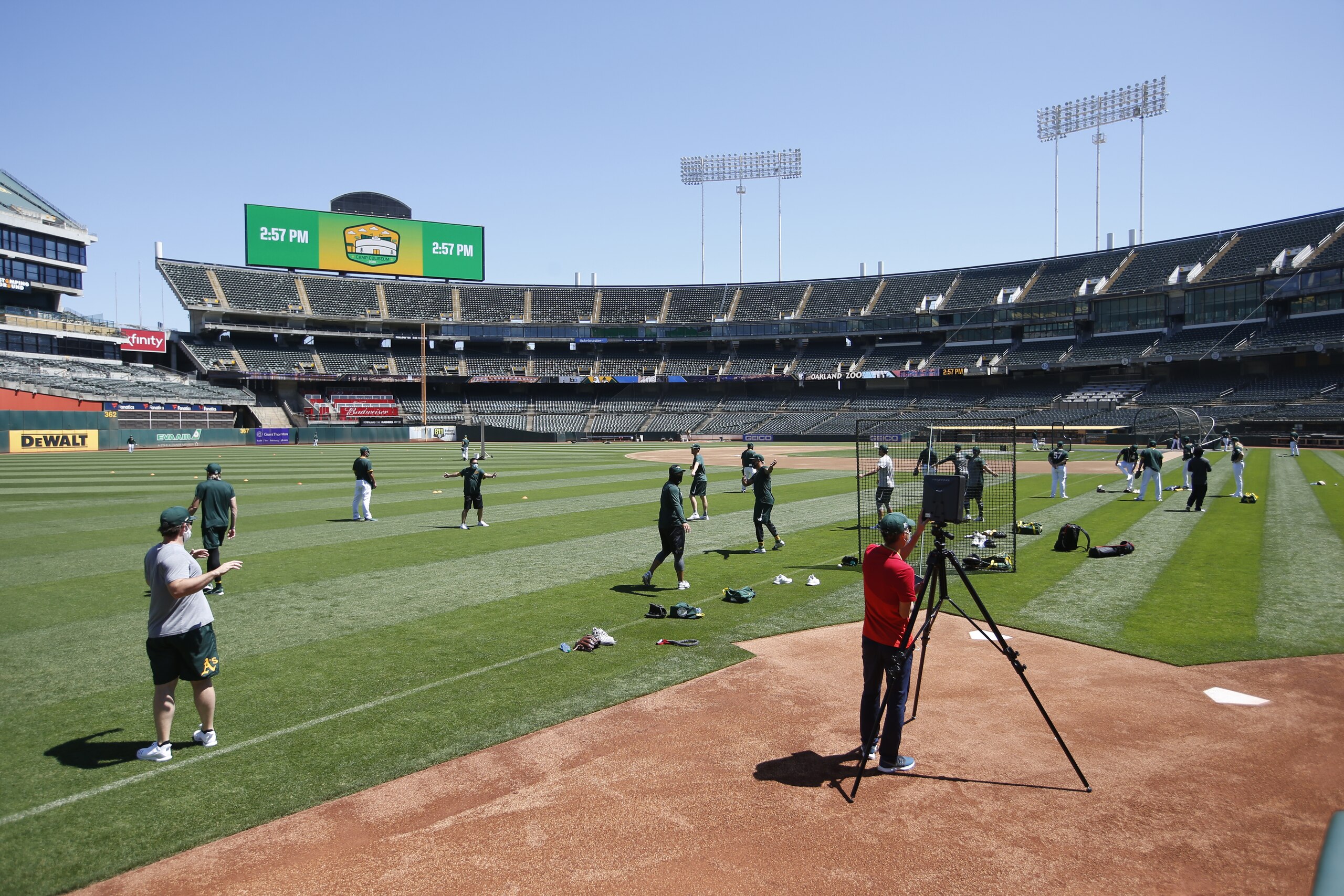 OAKLAND, CA - JULY 5: Pitchers of the Oakland Athletics stretch during summer workouts at RingCentral Coliseum on July 5, 2020 in Oakland, California. (Photo by Michael Zagaris/Oakland Athletics/Getty Images)