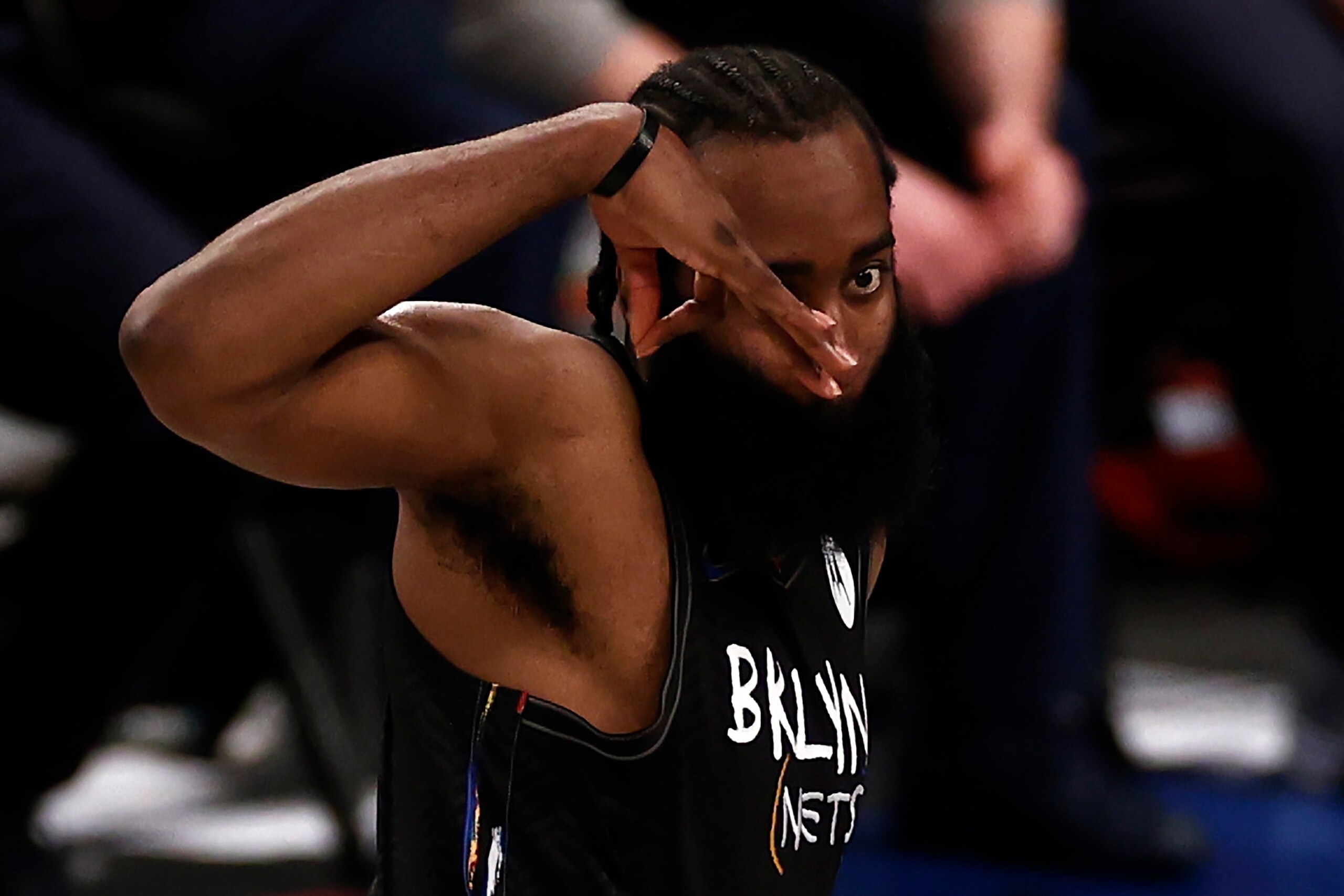 Brooklyn Nets guard James Harden celebrates a three-point basket against the Boston Celtics in the second half of Game 5 during an NBA basketball first-round playoff series, Tuesday, June 1, 2021, in New York.  (AP Photo/Adam Hunger)