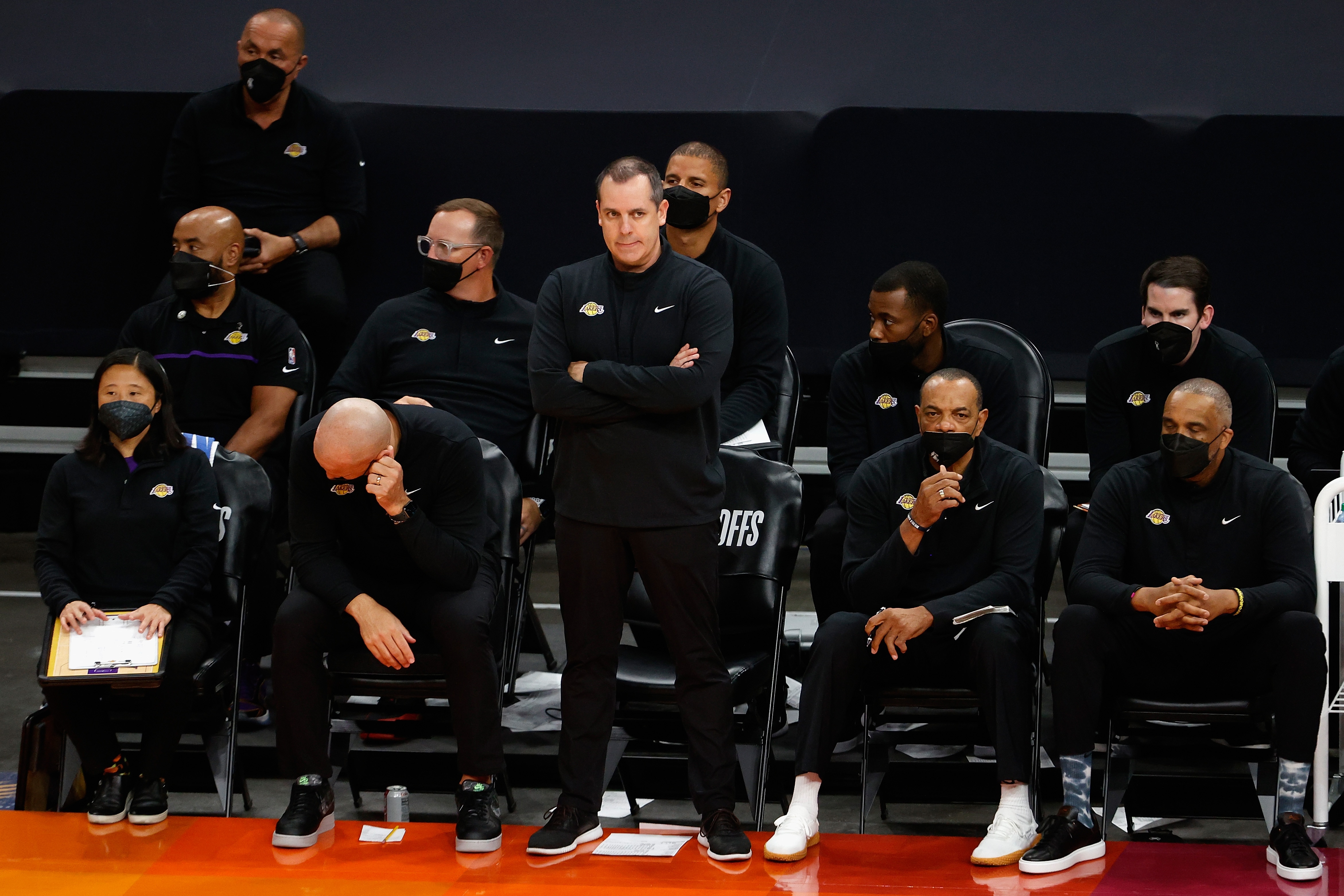 PHOENIX, ARIZONA - JUNE 01:  Head coach Frank Vogel of Los Angeles Lakers reacts on the bench during the first half in Game Five of the Western Conference first-round playoff series at Phoenix Suns Arena on June 01, 2021 in Phoenix, Arizona. NOTE TO USER: User expressly acknowledges and agrees that, by downloading and or using this photograph, User is consenting to the terms and conditions of the Getty Images License Agreement.  (Photo by Christian Petersen/Getty Images)