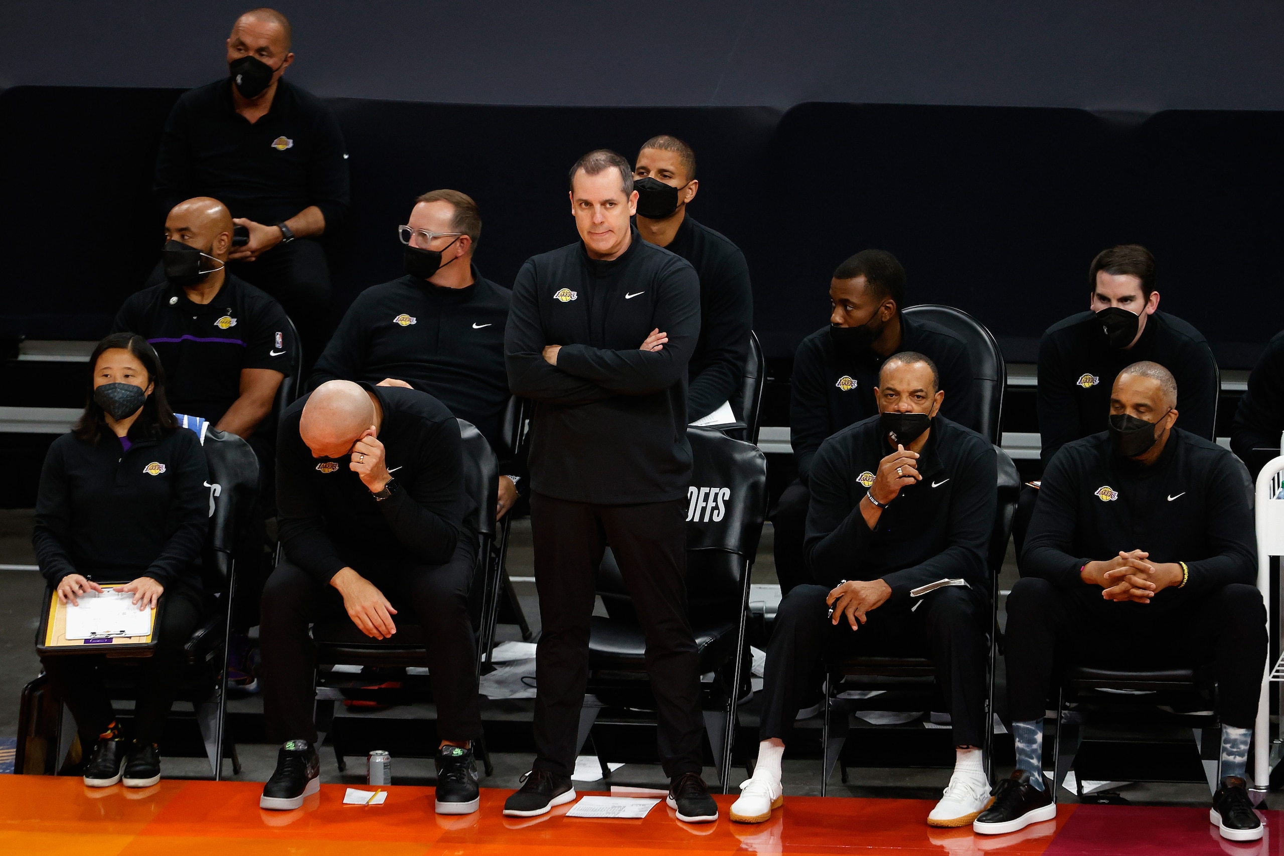 PHOENIX, ARIZONA - JUNE 01:  Head coach Frank Vogel of Los Angeles Lakers reacts on the bench during the first half in Game Five of the Western Conference first-round playoff series at Phoenix Suns Arena on June 01, 2021 in Phoenix, Arizona. NOTE TO USER: User expressly acknowledges and agrees that, by downloading and or using this photograph, User is consenting to the terms and conditions of the Getty Images License Agreement.  (Photo by Christian Petersen/Getty Images)