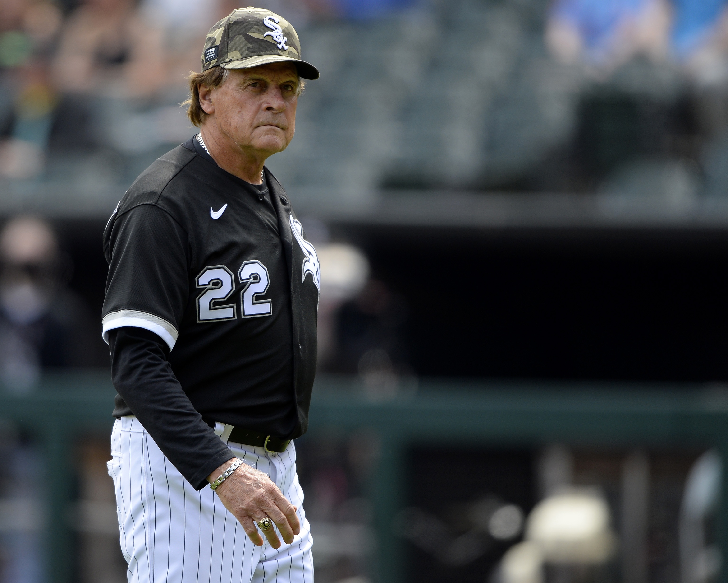 CHICAGO - MAY 16:  Manager Tony La Russa #22 of the Chicago White Sox looks on against the Kansas City Royals on May 16, 2021 at Guaranteed Rate Field in Chicago, Illinois.  (Photo by Ron Vesely/Getty Images)