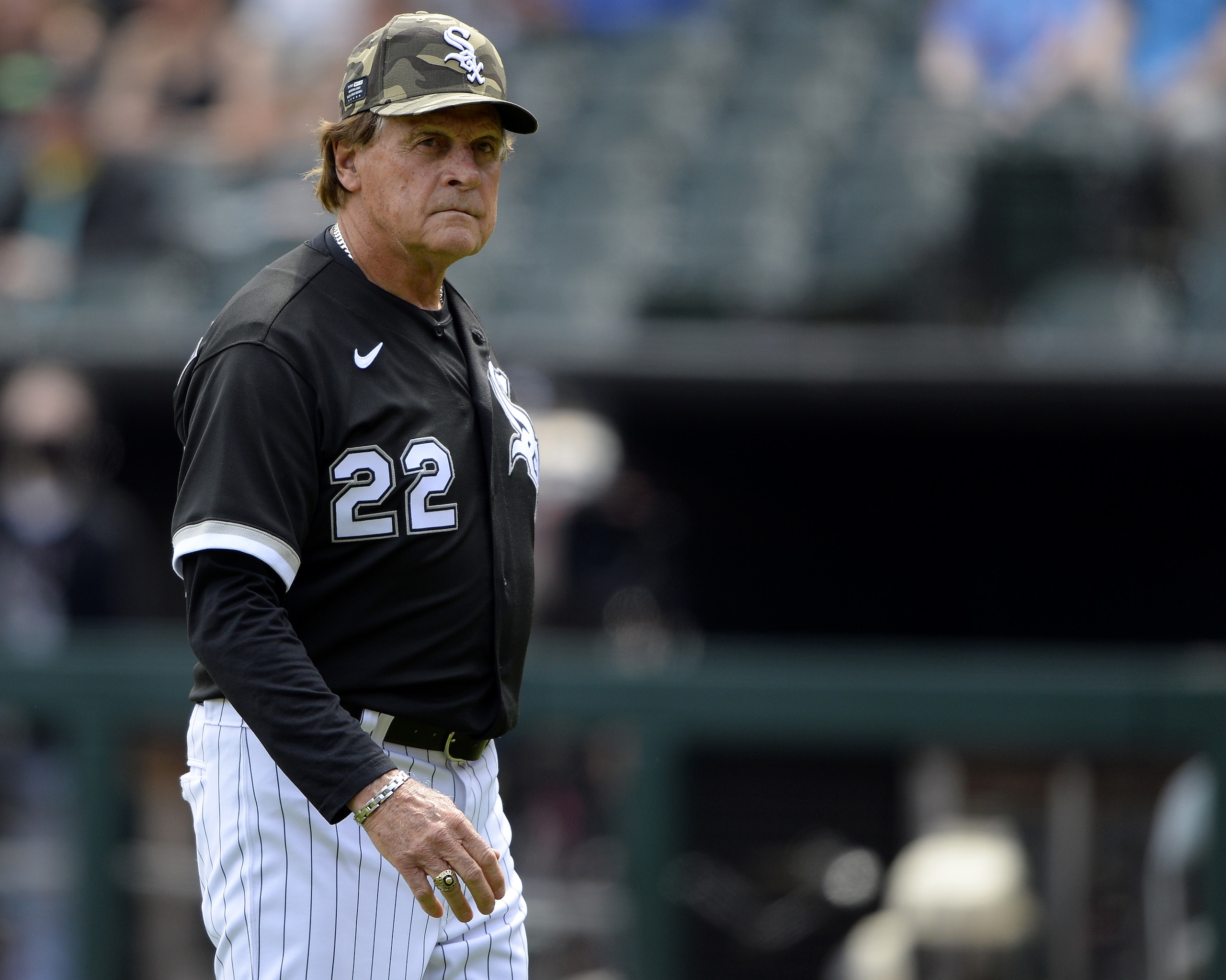 CHICAGO - MAY 16:  Manager Tony La Russa #22 of the Chicago White Sox looks on against the Kansas City Royals on May 16, 2021 at Guaranteed Rate Field in Chicago, Illinois.  (Photo by Ron Vesely/Getty Images)