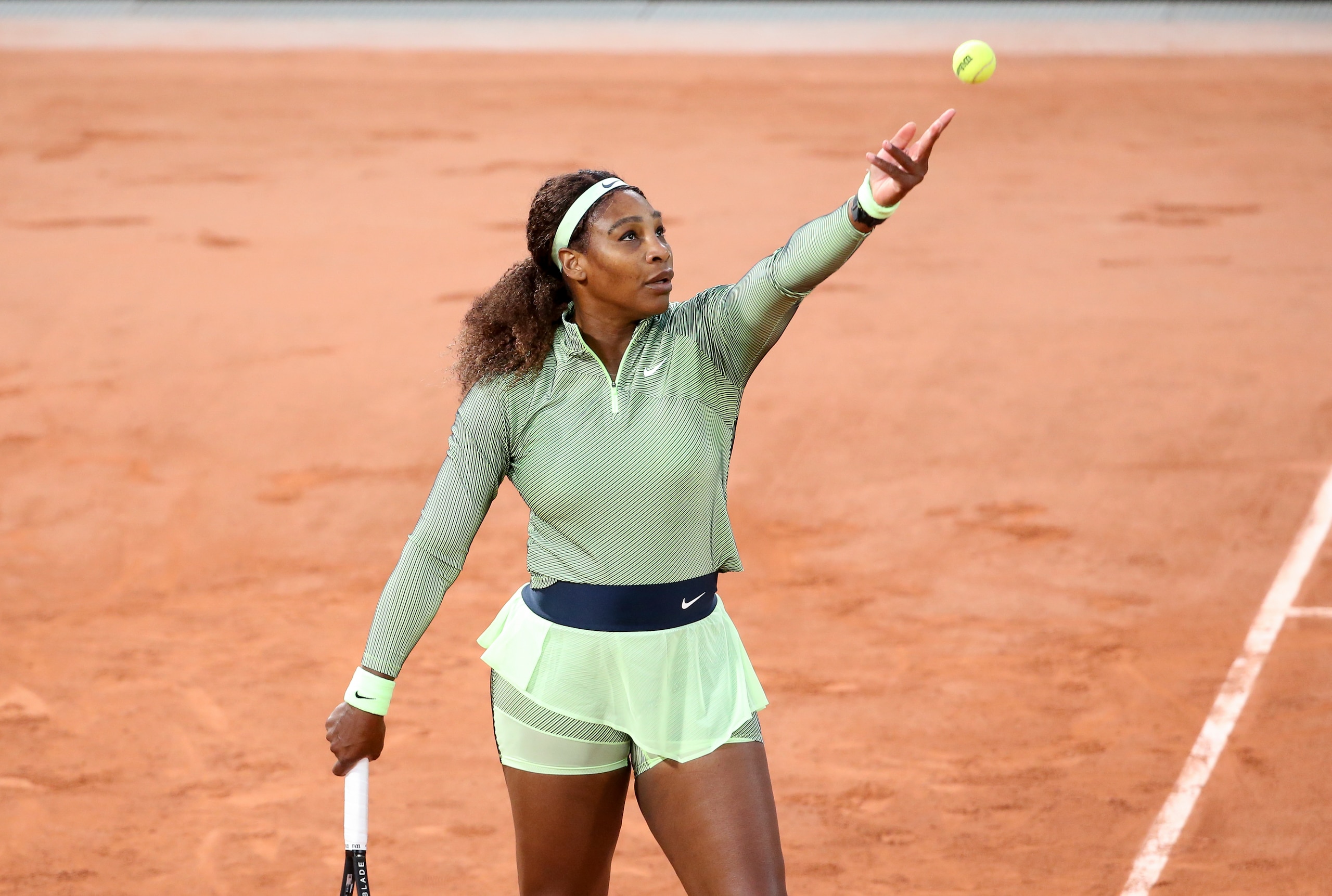 PARIS, FRANCE - MAY 31: Serena Williams of USA during day 2 of Roland-Garros 2021 French Open, a Grand Slam tennis tournament at Roland Garros stadium on May 31, 2021 in Paris, France. (Photo by John Berry/Getty Images)