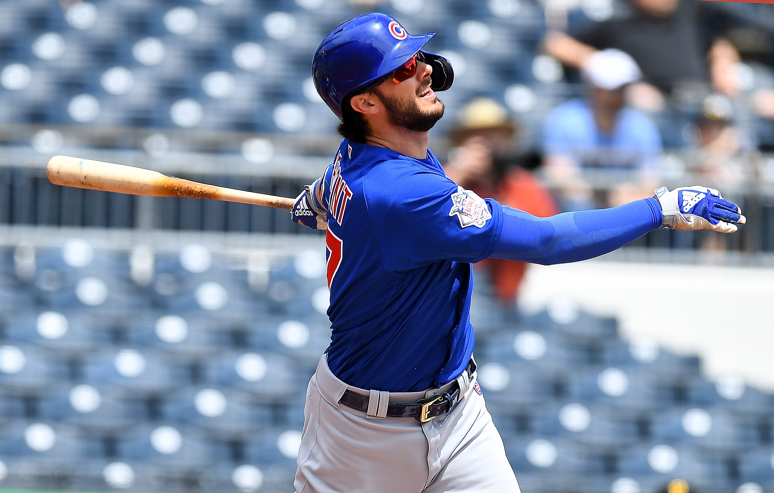 PITTSBURGH, PA - MAY 27:  Kris Bryant #17 of the Chicago Cubs watches his solo home run during the first inning against the Pittsburgh Pirates at PNC Park on May 27, 2021 in Pittsburgh, Pennsylvania. (Photo by Joe Sargent/Getty Images)