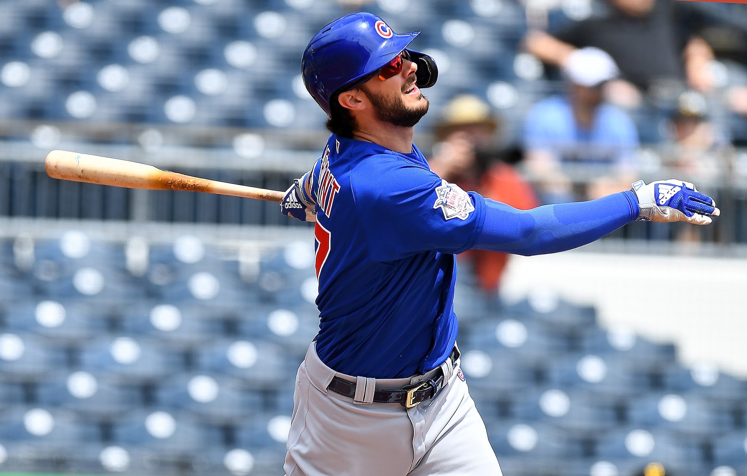 PITTSBURGH, PA - MAY 27:  Kris Bryant #17 of the Chicago Cubs watches his solo home run during the first inning against the Pittsburgh Pirates at PNC Park on May 27, 2021 in Pittsburgh, Pennsylvania. (Photo by Joe Sargent/Getty Images)