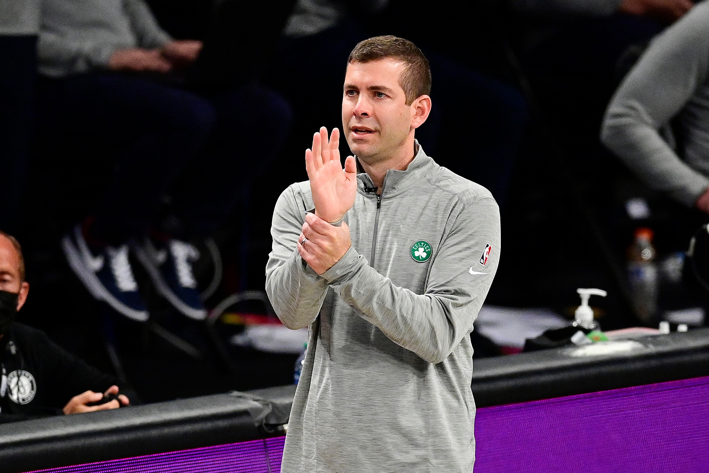 NEW YORK, NEW YORK - JUNE 01:  Head coach Brad Stevens of the Boston Celtics reacts against the Brooklyn Nets in Game Five of the First Round of the 2021 NBA Playoffs at Barclays Center on June 01, 2021 in the Brooklyn borough of New York City. NOTE TO USER: User expressly acknowledges and agrees that, by downloading and or using this photograph, User is consenting to the terms and conditions of the Getty Images License Agreement. (Photo by Steven Ryan/Getty Images)