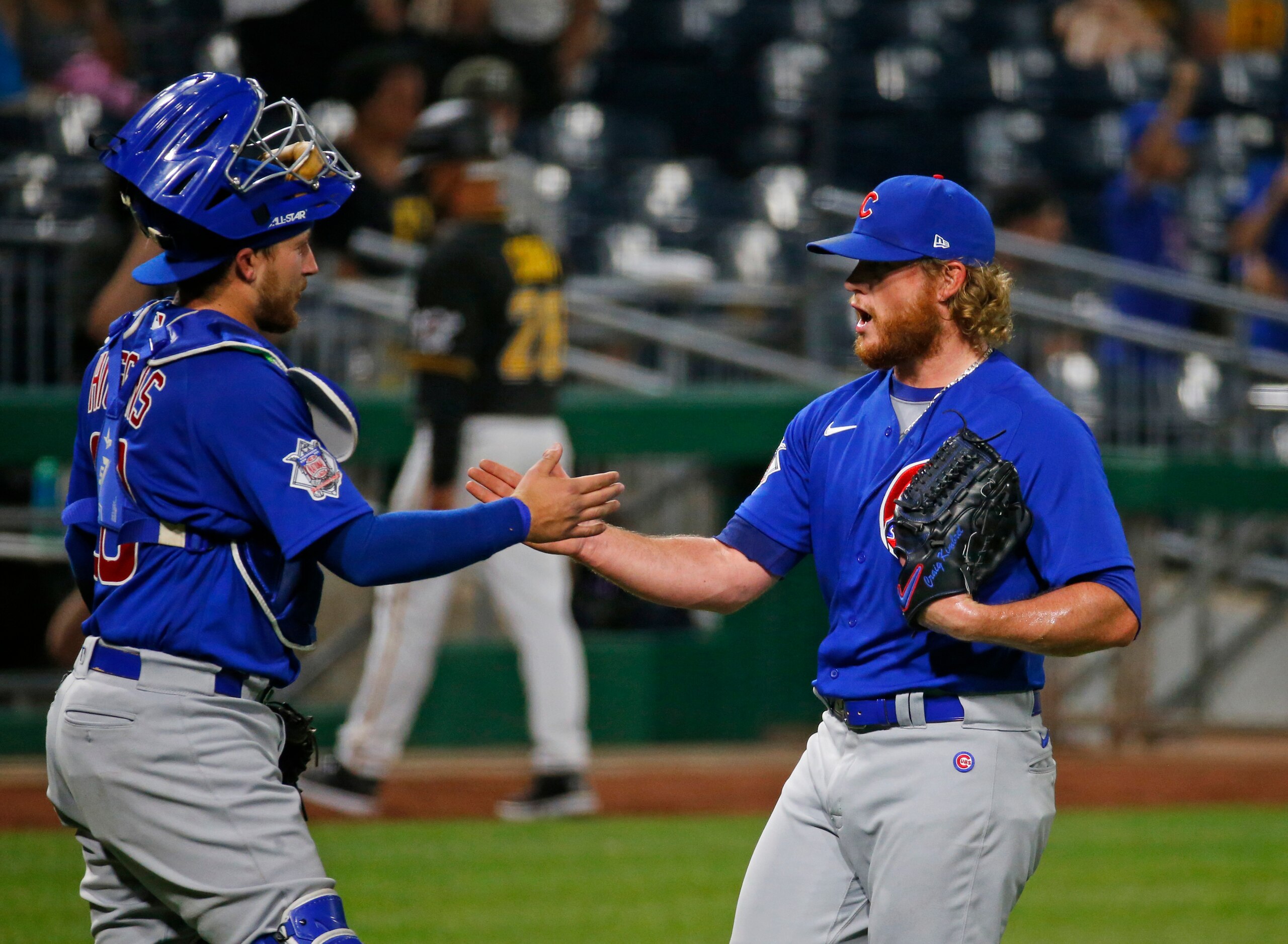 PITTSBURGH, PA - MAY 25:  Craig Kimbrel #46 and P.J. Higgins #20 of the Chicago Cubs celebrate after defeating the Pittsburgh Pirates 4-3 at PNC Park on May 25, 2021 in Pittsburgh, Pennsylvania.  (Photo by Justin K. Aller/Getty Images)