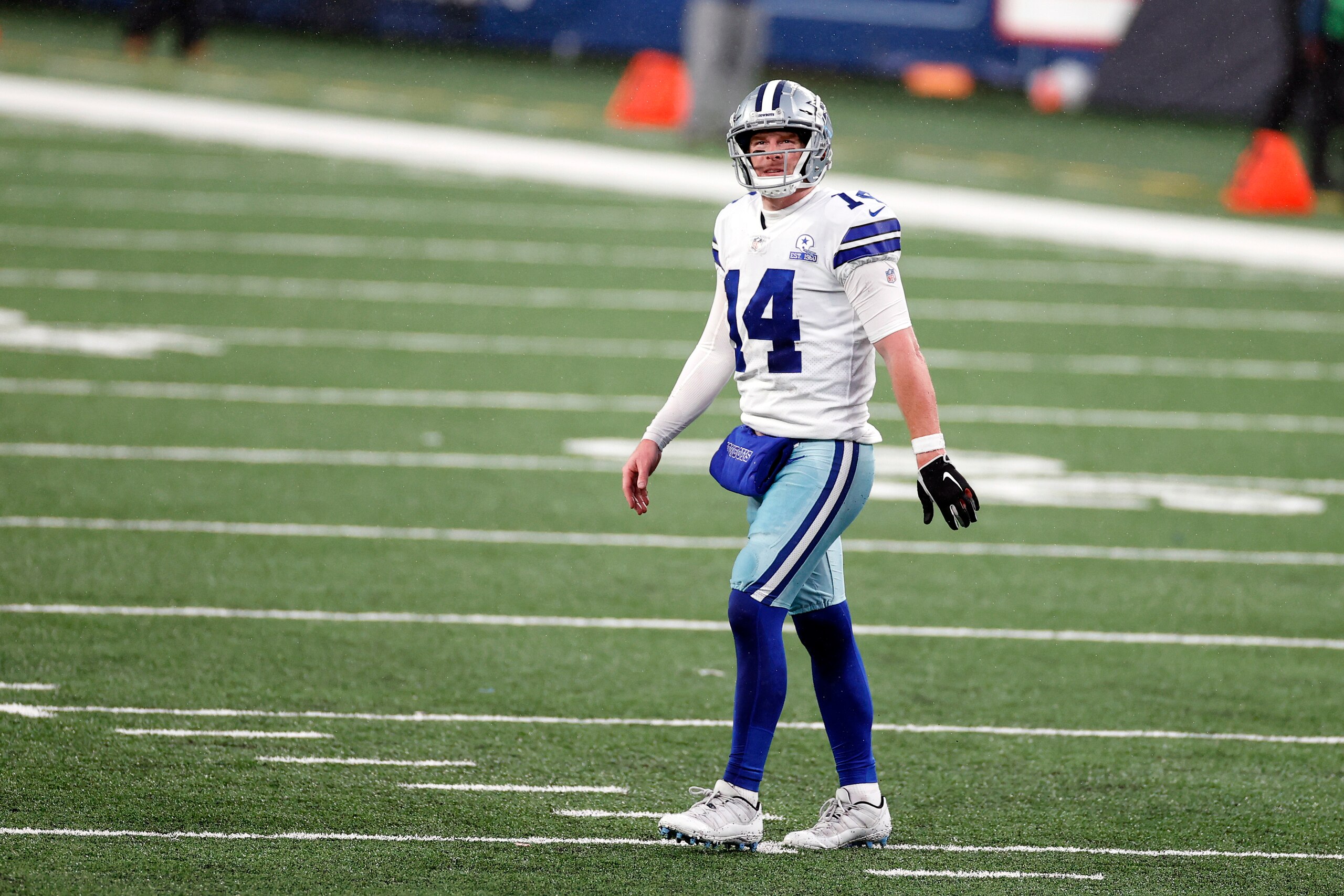 Dallas Cowboys quarterback Andy Dalton (14) reacts after throwing an interception during an NFL football game against the New York Giants, Sunday, Jan. 3, 2021, in East Rutherford, N.J. (AP Photo/Adam Hunger)
