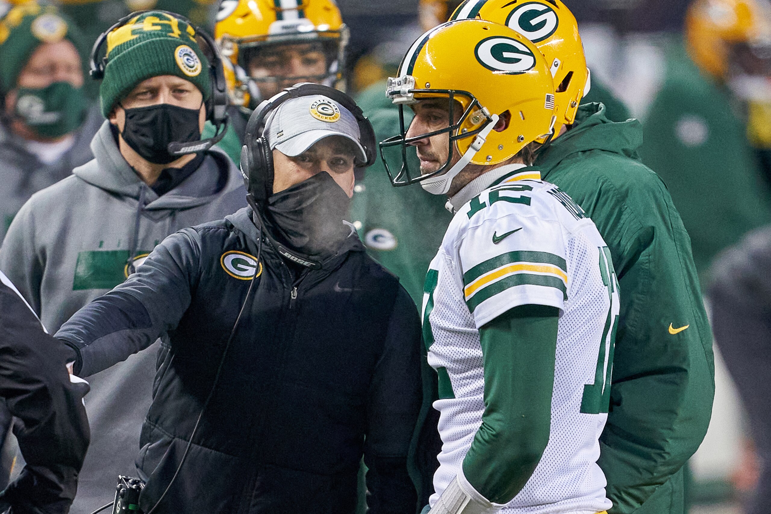 CHICAGO, IL - JANUARY 03: Green Bay Packers quarterback Aaron Rodgers (12) talks with Green Bay Packers head coach Matt LaFleur in action during a game between the Chicago Bears and the Green Bay Packers on January 03, 2021 at Soldier Field in Chicago, IL. (Photo by Robin Alam/Icon Sportswire via Getty Images)