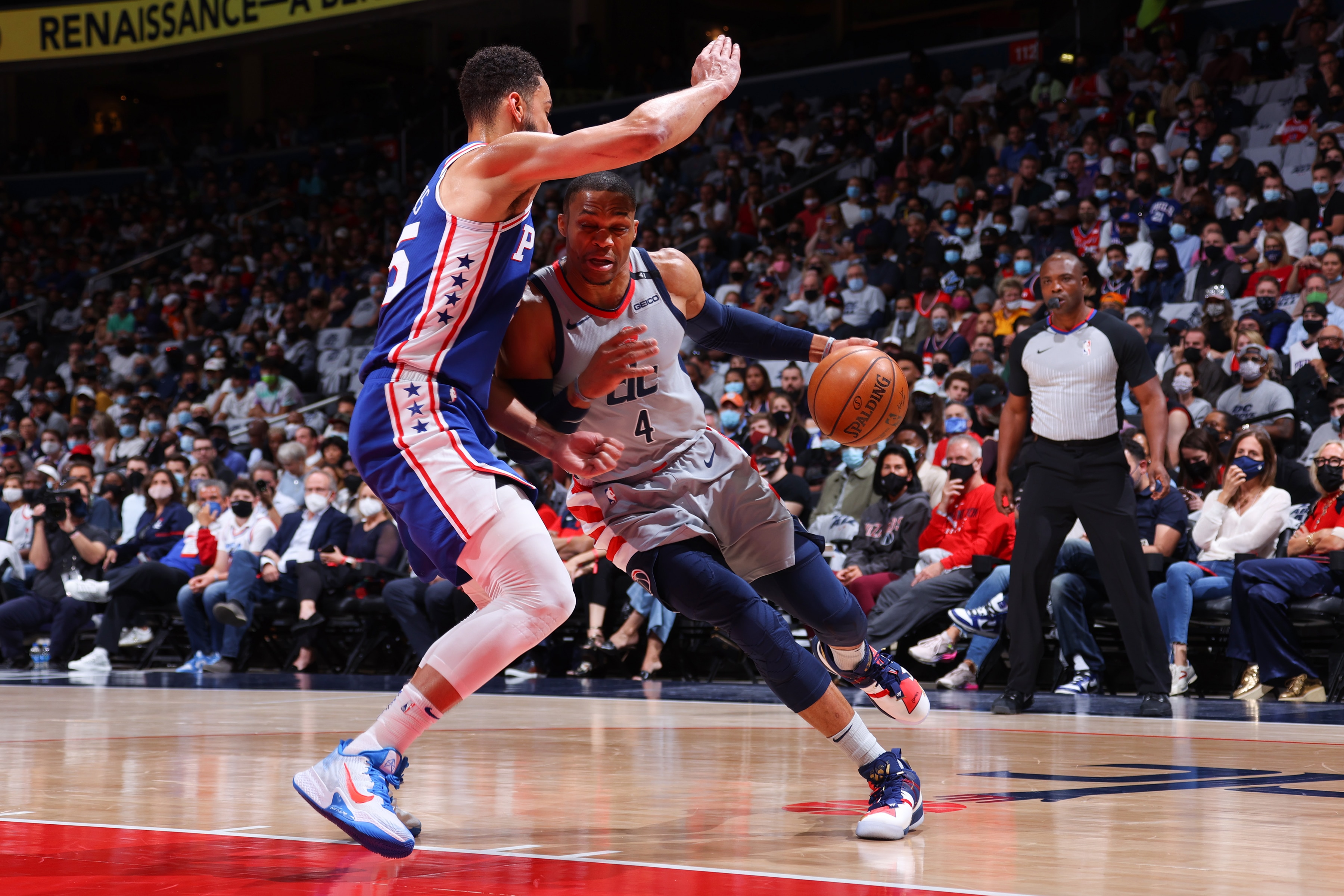 WASHINGTON, DC -  MAY 31: Ben Simmons #25 of the Philadelphia 76ers plays defense on Russell Westbrook #4 of the Washington Wizards during Round 1, Game 4 of the 2021 NBA Playoffs on May 31, 2021 at Capital One Arena in Washington, DC. NOTE TO USER: User expressly acknowledges and agrees that, by downloading and or using this Photograph, user is consenting to the terms and conditions of the Getty Images License Agreement. Mandatory Copyright Notice: Copyright 2021 NBAE (Photo by Ned Dishman/NBAE via Getty Images)