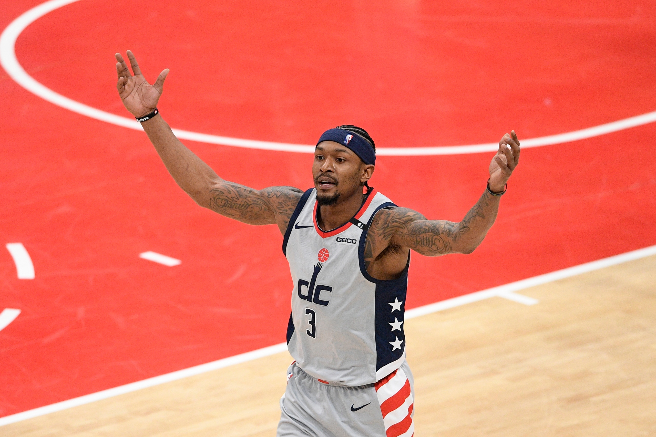 Washington Wizards guard Bradley Beal (3) gestures during the second half of an NBA basketball game against the Charlotte Hornets, Sunday, May 16, 2021, in Washington. (AP Photo/Nick Wass)
