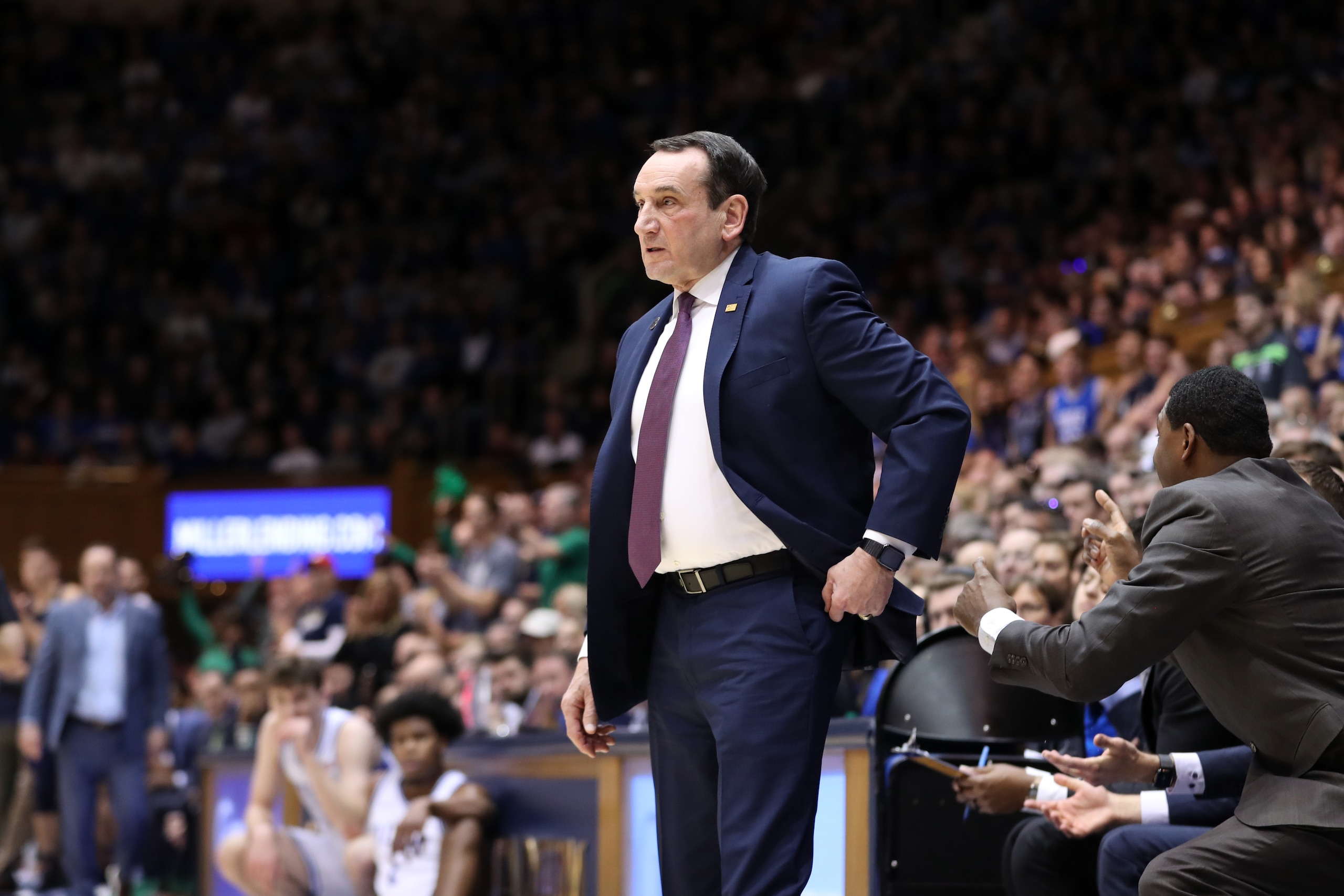 DUKE, NC - FEBRUARY 15: Head coach Mike Krzyzewski of Duke University during a game between Notre Dame and Duke at Cameron Indoor Stadium on February 15, 2020 in Duke, North Carolina. (Photo by Andy Mead/ISI Photos/Getty Images)