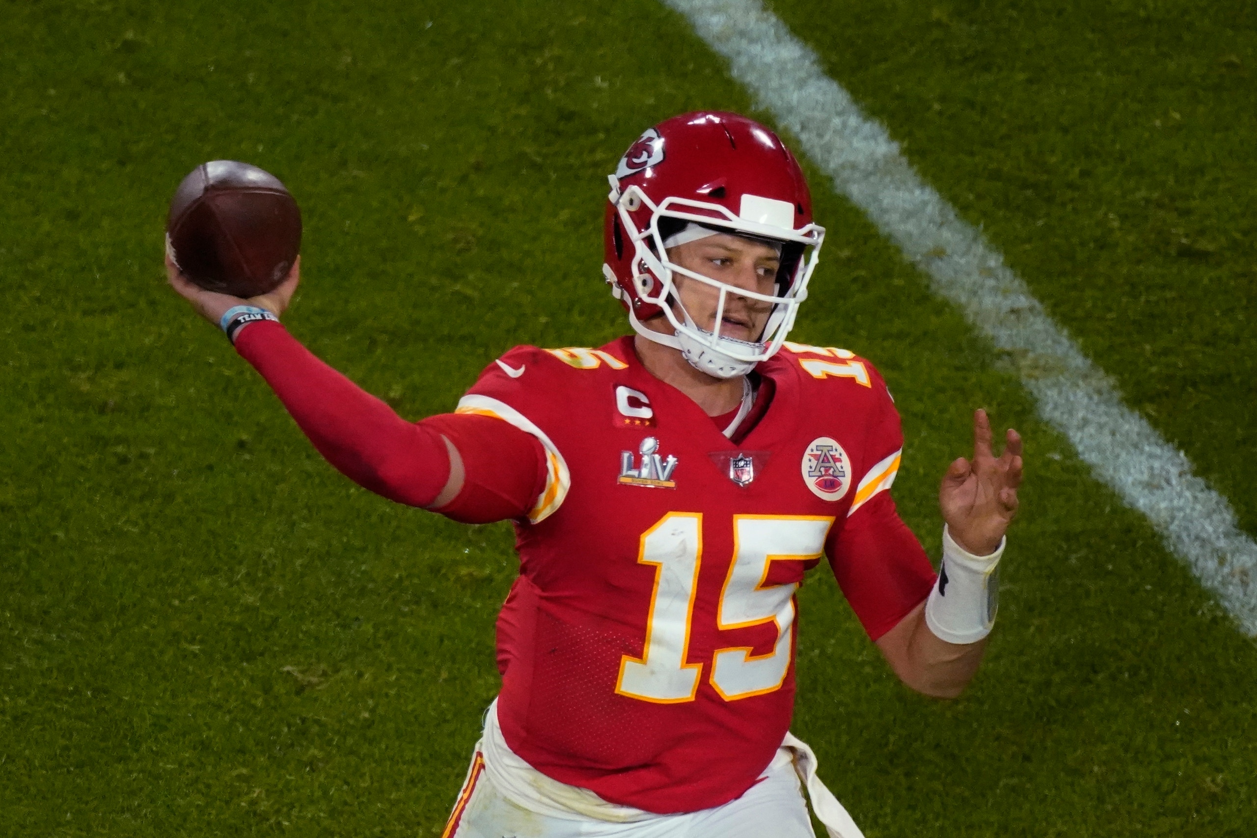 Kansas City Chiefs quarterback Patrick Mahomes (15) throws the ball during the second half of the NFL Super Bowl 55 football game against the Tampa Bay Buccaneers Sunday, Feb. 7, 2021, in Tampa, Fla. The Buccaneers defeated the Chiefs 31-9 to win the Super Bowl. (AP Photo/Charlie Riedel)