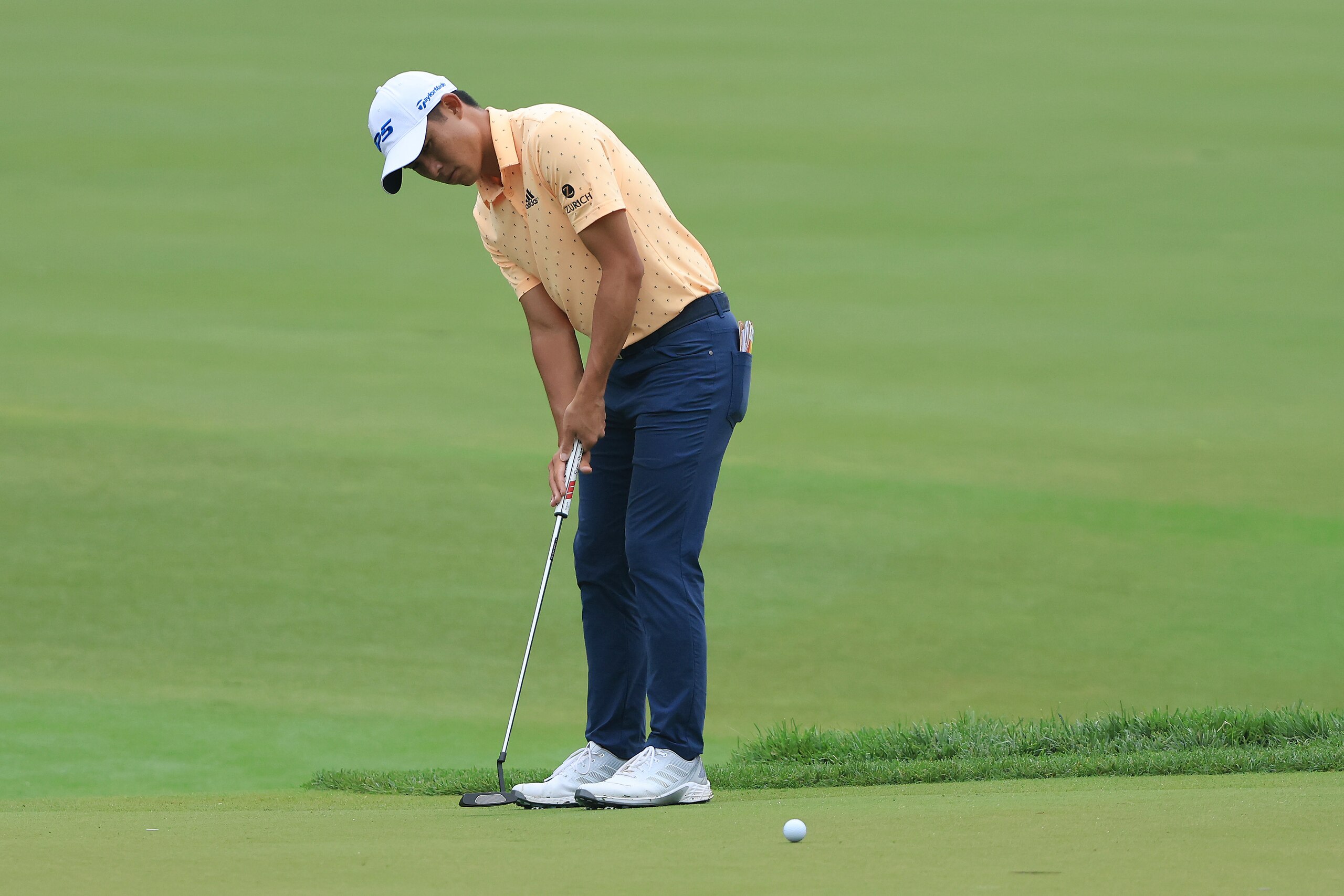 DUBLIN, OHIO - JUNE 03: Collin Morikawa of the United States putts on the 13th green during the first round of The Memorial Tournament at Muirfield Village Golf Club on June 03, 2021 in Dublin, Ohio. (Photo by Sam Greenwood/Getty Images)