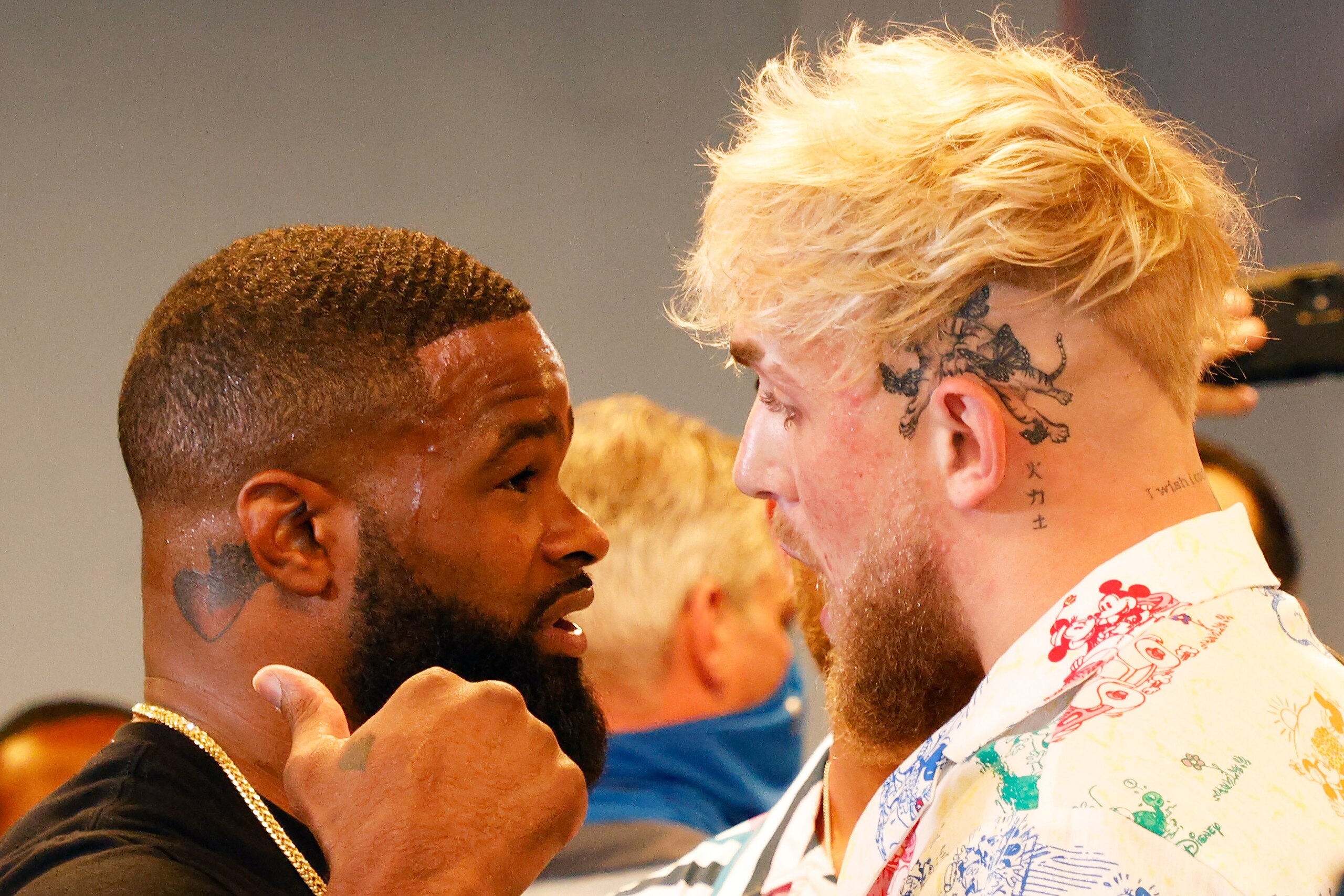 MIAMI, FLORIDA - JUNE 03: Jake Paul and Tyron Woodley take part in media availability at 5th St. Gym ahead of their August 28th boxing match on June 03, 2021 in Miami, Florida. (Photo by Cliff Hawkins/Getty Images) MIAMI, FLORIDA - JUNE 03: Jake Paul and Tyron Woodley take part in media availability at 5th St. Gym ahead of their August 28th boxing match on June 03, 2021 in Miami, Florida. (Photo by Cliff Hawkins/Getty Images)