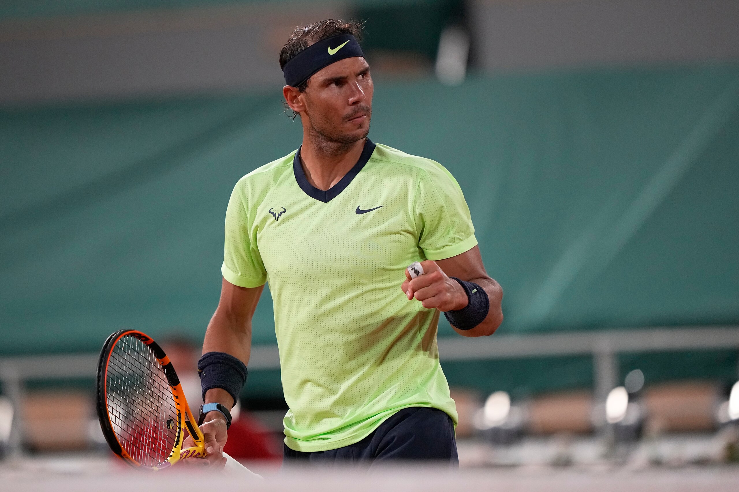 Spain's Rafael Nadal celebrates after winning a point against Richard Gasquet of France during their second round match on day 5, of the French Open tennis tournament at Roland Garros in Paris, France, Thursday, June 3, 2021. (AP Photo/Michel Euler) Spain's Rafael Nadal celebrates after winning a point against Richard Gasquet of France during their second round match on day 5, of the French Open tennis tournament at Roland Garros in Paris, France, Thursday, June 3, 2021. (AP Photo/Michel Euler)