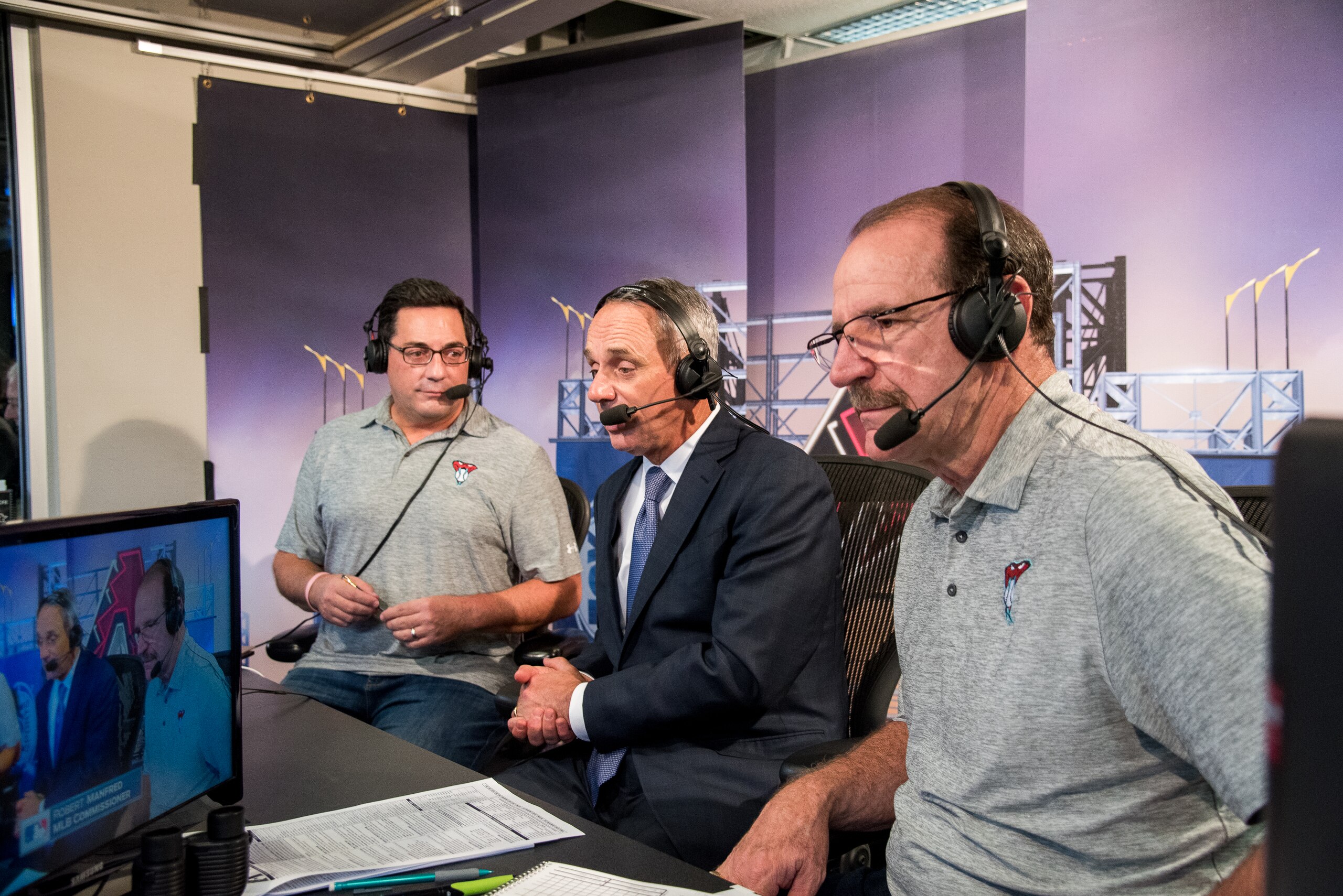 PHOENIX, AZ - JUNE 06: MLB Commissioner Rob Manfred makes an appearance on FOX Sports Arizona's TV broadcast with Steve Berthiaume and Bob Brenly during a game against the Arizona Diamondbacks and San Diego Padres at Chase Field on June 6, 2017 in Phoenix, Arizona. (Photo by Sarah Sachs/Arizona Diamondbacks/Getty Images) PHOENIX, AZ - JUNE 06: MLB Commissioner Rob Manfred makes an appearance on FOX Sports Arizona's TV broadcast with Steve Berthiaume and Bob Brenly during a game against the Arizona Diamondbacks and San Diego Padres at Chase Field on June 6, 2017 in Phoenix, Arizona. (Photo by Sarah Sachs/Arizona Diamondbacks/Getty Images)