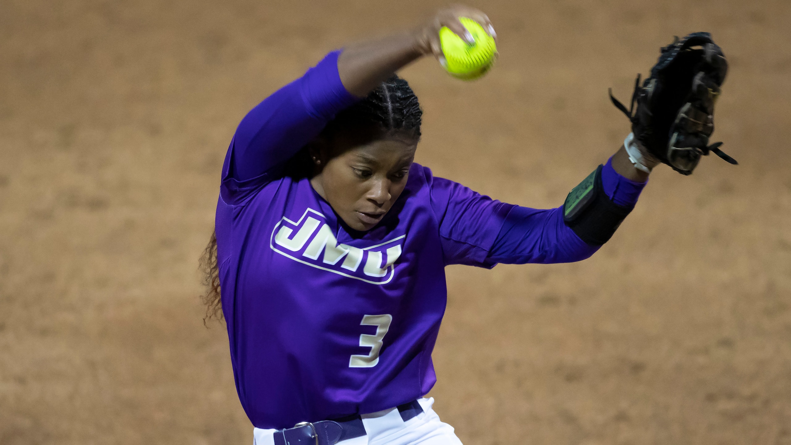 James Madison pitcher Odicci Alexander during a NCAA softball game on Friday, May 28, 2021 in Columbia, Mo. (AP Photo/Colin E. Braley)