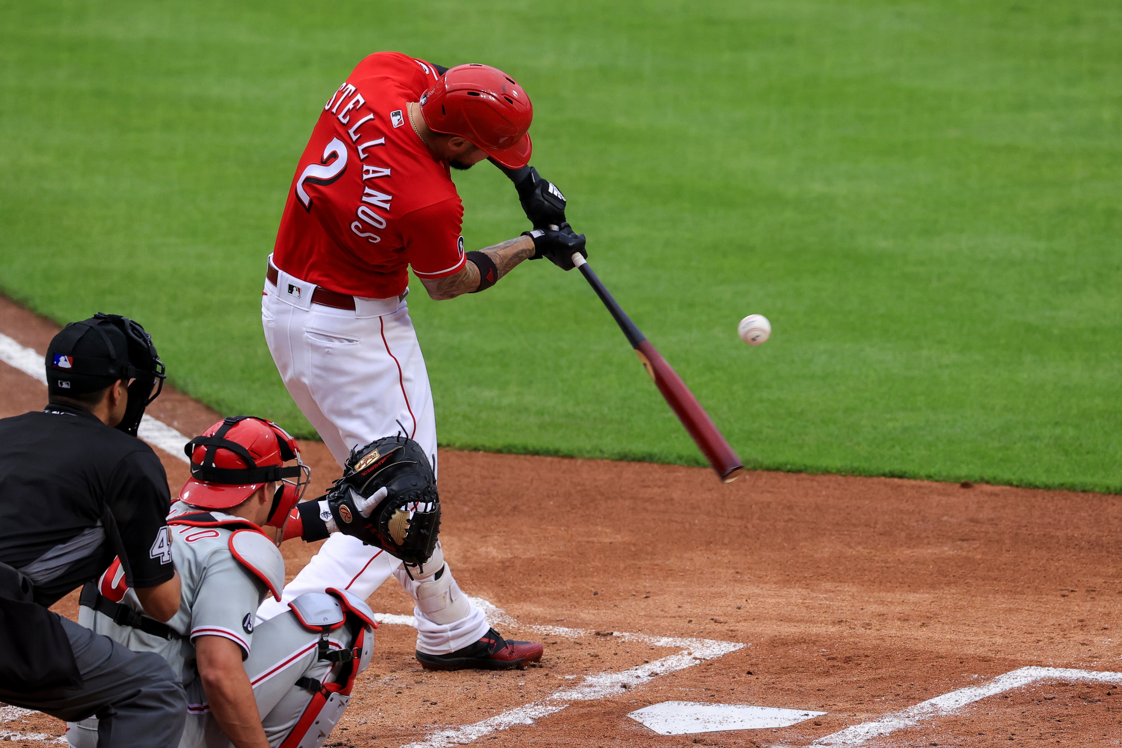 Cincinnati Reds' Nick Castellanos bats during a baseball game against the Philadelphia Phillies in Cincinnati, Tuesday, June 1, 2021. The Phillies won 17-3. (AP Photo/Aaron Doster)