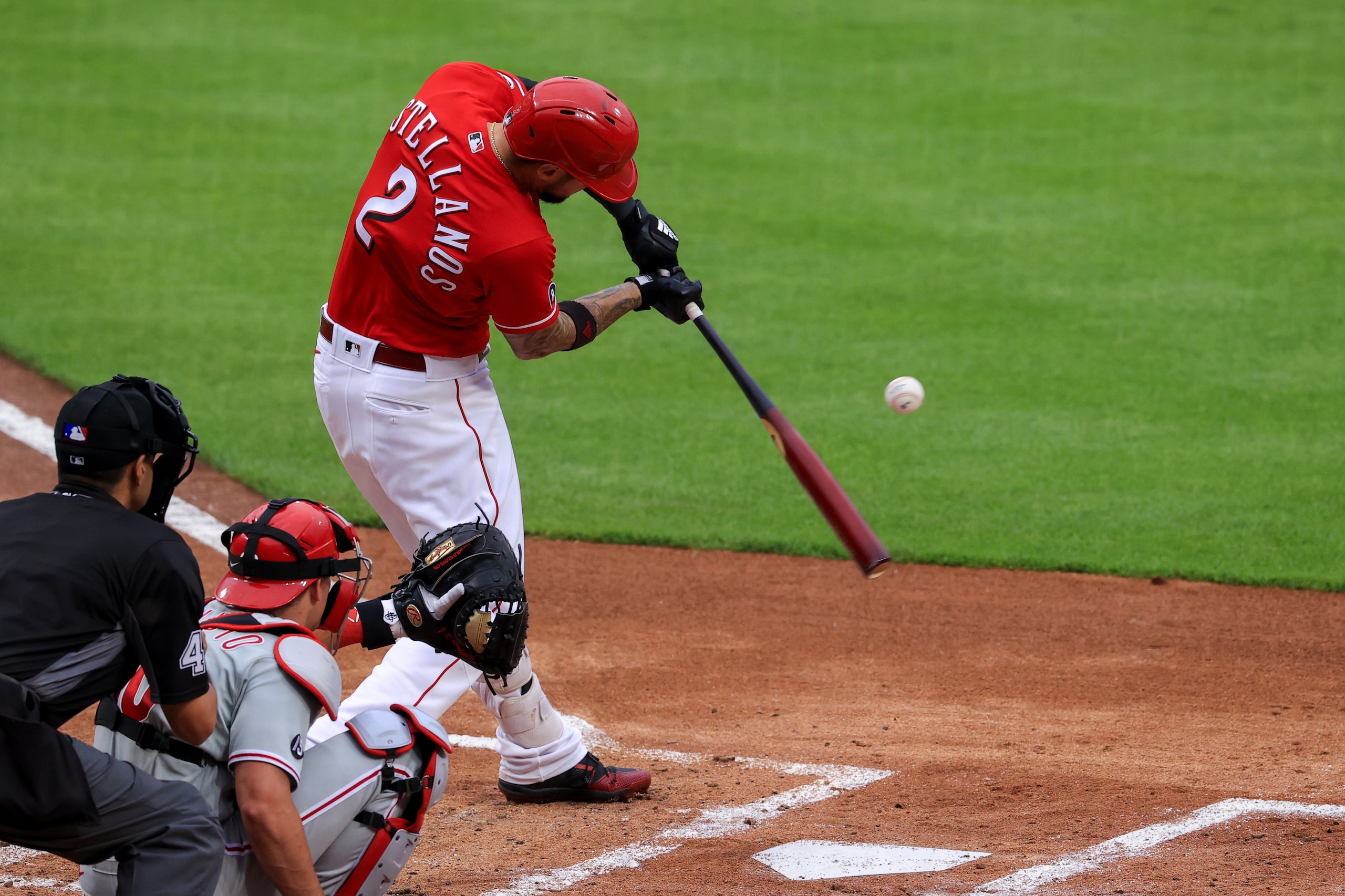 Cincinnati Reds' Nick Castellanos bats during a baseball game against the Philadelphia Phillies in Cincinnati, Tuesday, June 1, 2021. The Phillies won 17-3. (AP Photo/Aaron Doster) Cincinnati Reds' Nick Castellanos bats during a baseball game against the Philadelphia Phillies in Cincinnati, Tuesday, June 1, 2021. The Phillies won 17-3. (AP Photo/Aaron Doster)