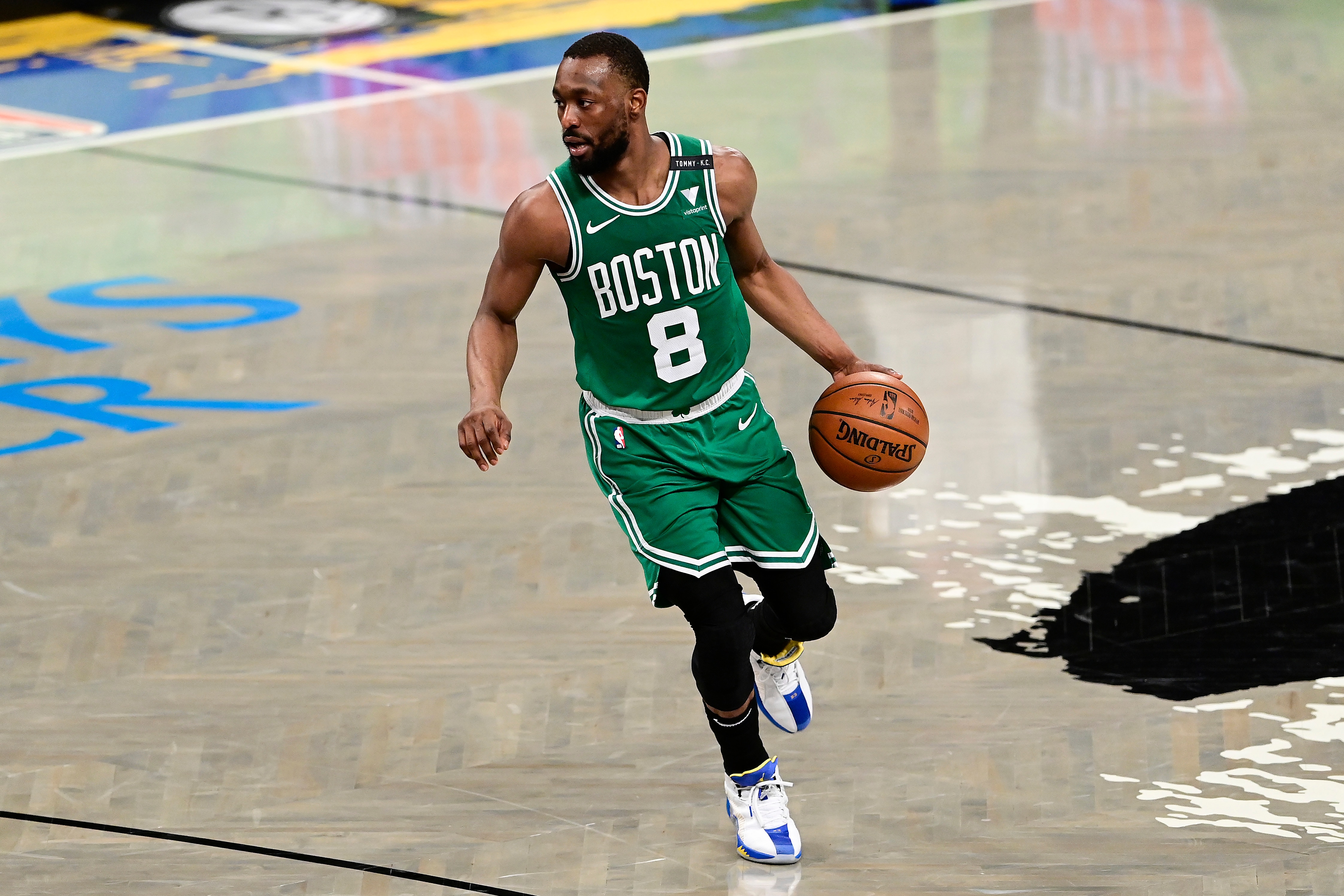 NEW YORK, NEW YORK - MAY 25:  Kemba Walker #8 of the Boston Celtics handles the ball against the Brooklyn Nets in Game Two of the First Round of the 2021 NBA Playoffs at Barclays Center on May 25, 2021 in New York City. NOTE TO USER: User expressly acknowledges and agrees that, by downloading and or using this photograph, User is consenting to the terms and conditions of the Getty Images License Agreement. (Photo by Steven Ryan/Getty Images)
