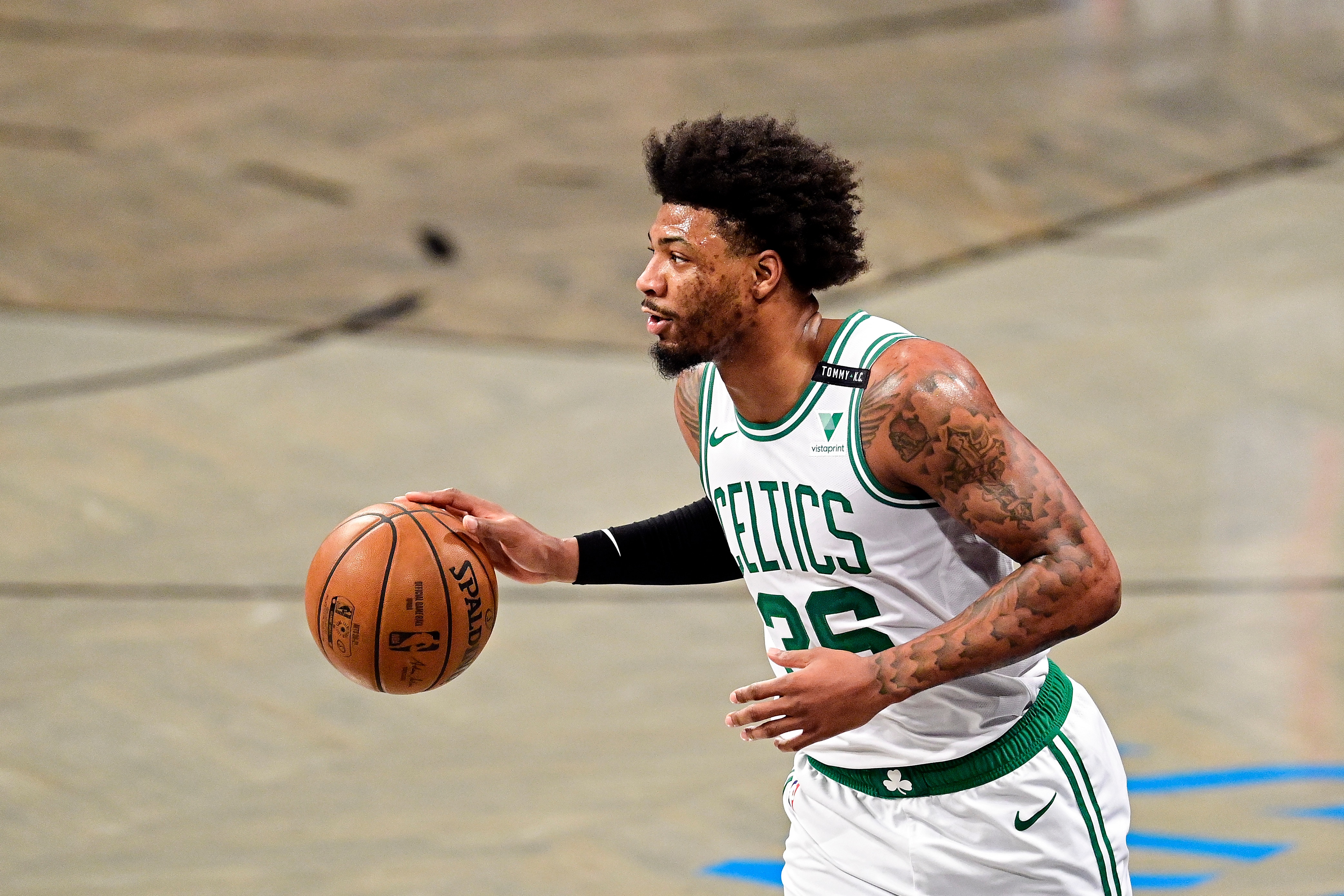 NEW YORK, NEW YORK - JUNE 01:  Marcus Smart #36 of the Boston Celtics handles the ball against the Brooklyn Nets in Game Five of the First Round of the 2021 NBA Playoffs at Barclays Center on June 01, 2021 in the Brooklyn borough of New York City. NOTE TO USER: User expressly acknowledges and agrees that, by downloading and or using this photograph, User is consenting to the terms and conditions of the Getty Images License Agreement. (Photo by Steven Ryan/Getty Images)